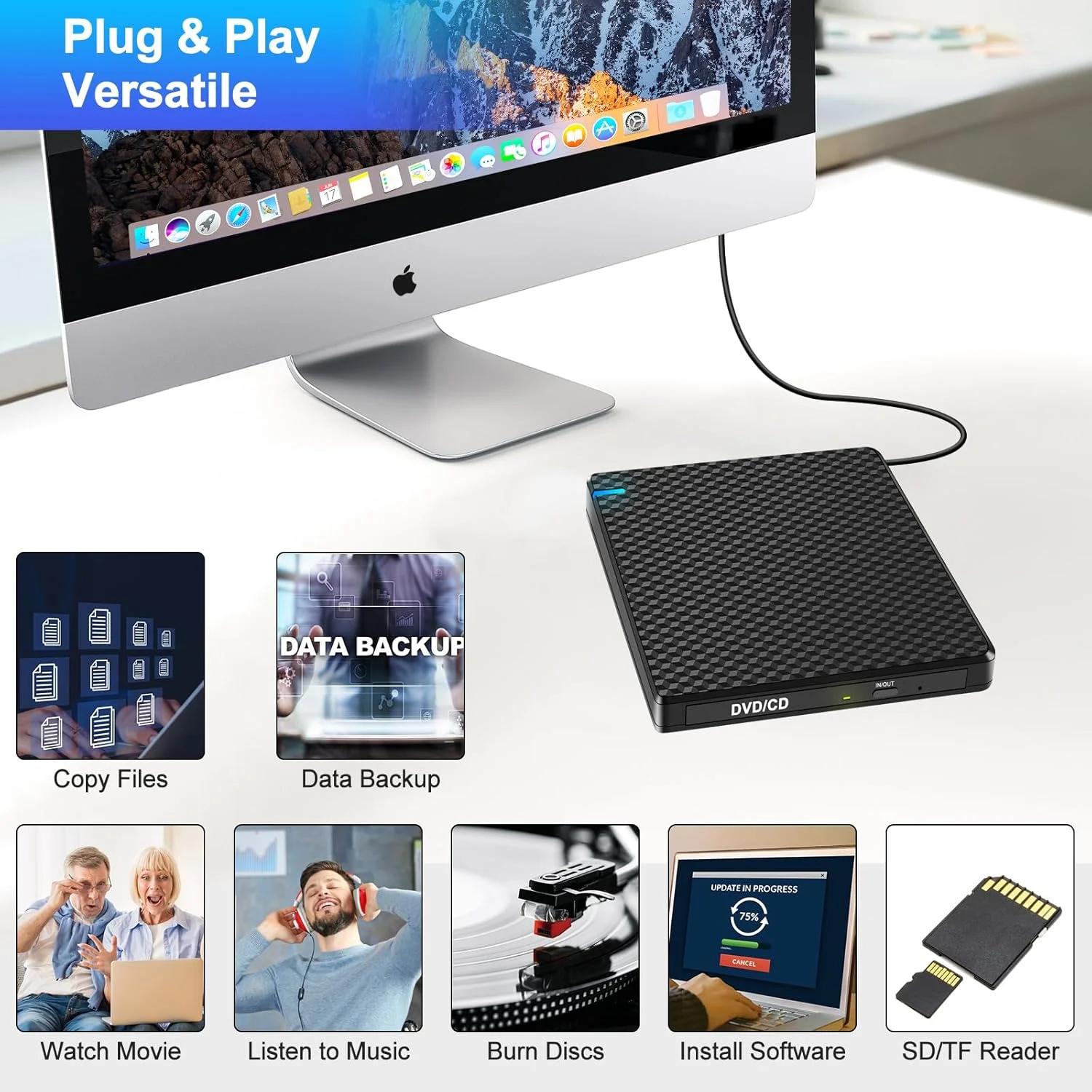 درایو نوری اکسترنال Guamar: پخش کننده DVD قابل حمل با USB-C برای لپ تاپ، کامپیوتر، مک بوک، ویندوز 11/10 با اسلات SD/TF و 2 پورت USB، اتصال و پخش (مشکی) درایو نوری اکسترنال Guamar: پخش کننده DVD قابل حمل با USB-C برای لپ تاپ، کامپیوتر، مک بوک، ویندوز 11/10 با اسلات SD/TF و 2 پورت USB، اتصال و پخش (مشکی)