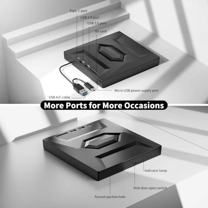 درایو نوری اکسترنال FKU برای لپ تاپ - درایو سی دی USB پنج در یک با اسلات کارت SD/TF USB 3.0 Type A/Type C پخش کننده دی وی دی اکسترنال قابل حمل برای لپ تاپ مک او اس ویستا Win XP/2003/10/8.1/8/7