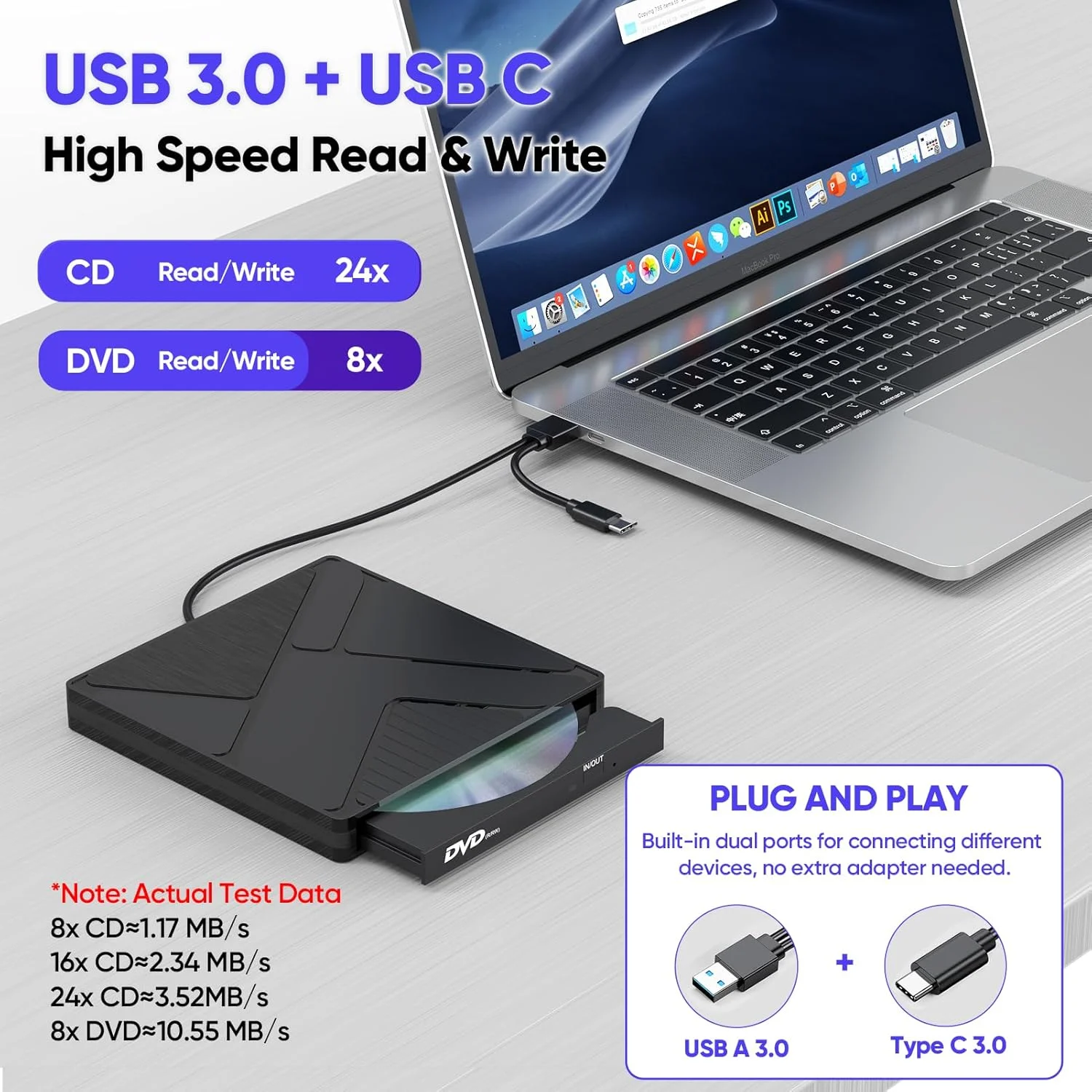 درایو نوری اکسترنال FEMORO مدل N39 (مشکی، USB+USBC) درایو نوری اکسترنال FEMORO مدل N39 (مشکی، USB+USBC)