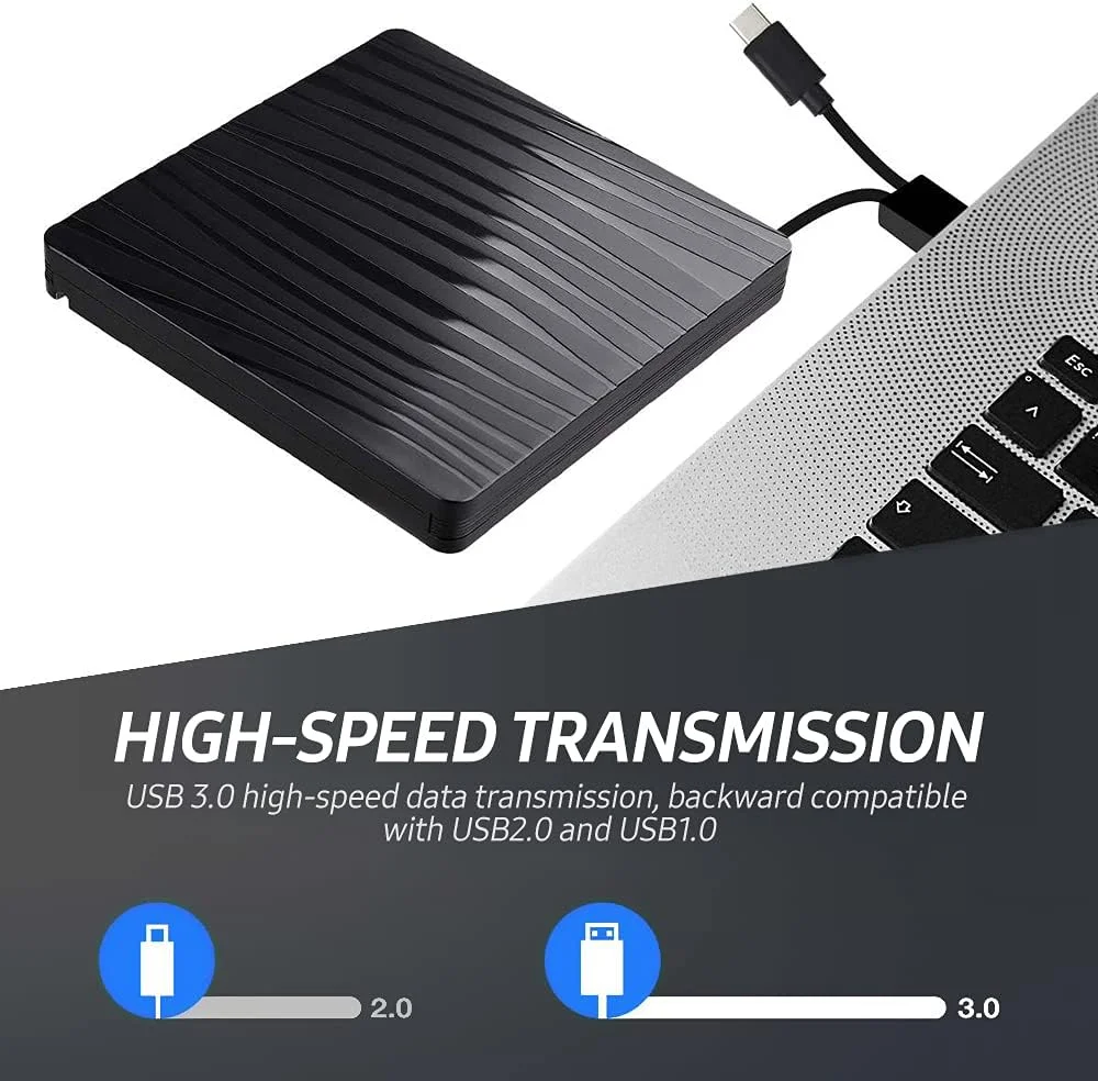 درایو نوری اکسترنال قابل حمل Fawoonu با پورت دوگانه USB3.0+Type-C، پخش کننده CD/DVD فوق العاده نازک اکسترنال DVD-ROM برای ویندوز/مک OS