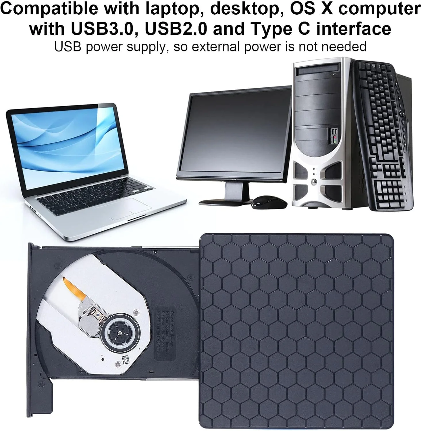 درایو نوری اکسترنال CD DVD، رایتر DVD/CD رام USB3.0، پخش کننده DVD قابل حمل برای لپ تاپ، پشتیبانی از USB2.0 Type C، برای WIN98، XP، برای WIN7، برای WIN8، برای WIN10، برای VISTA، برای OS X تبلت 8.6