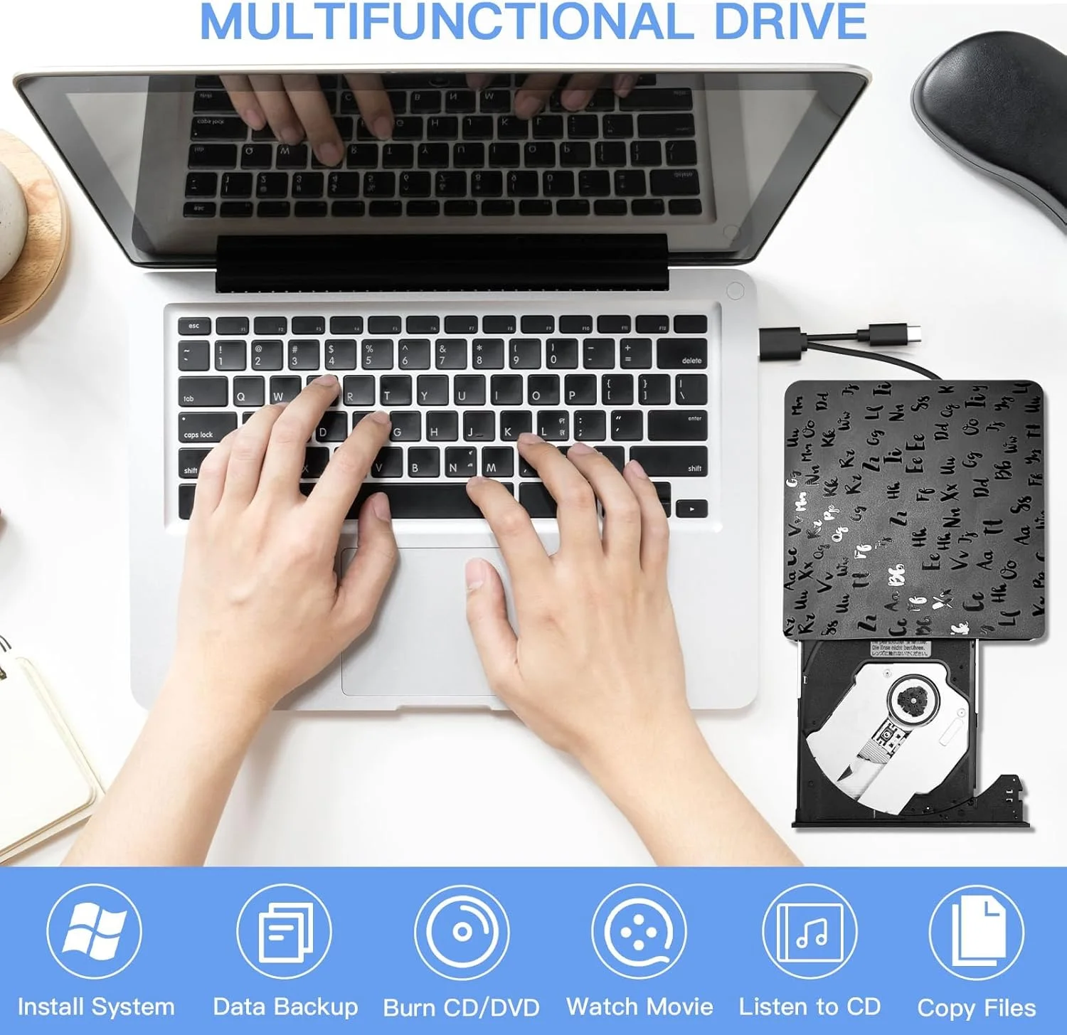 درایو DVD اکسترنال، USB 3.0 Type-C CD رایتر، برای لپ تاپ Type-C/DVD ROM +/-RW با 4 پورت USB و 2 اسلات کارت SD، درایو نوری فوق العاده باریک، سازگار با ویندوز لینوکس مک OS (روشن)