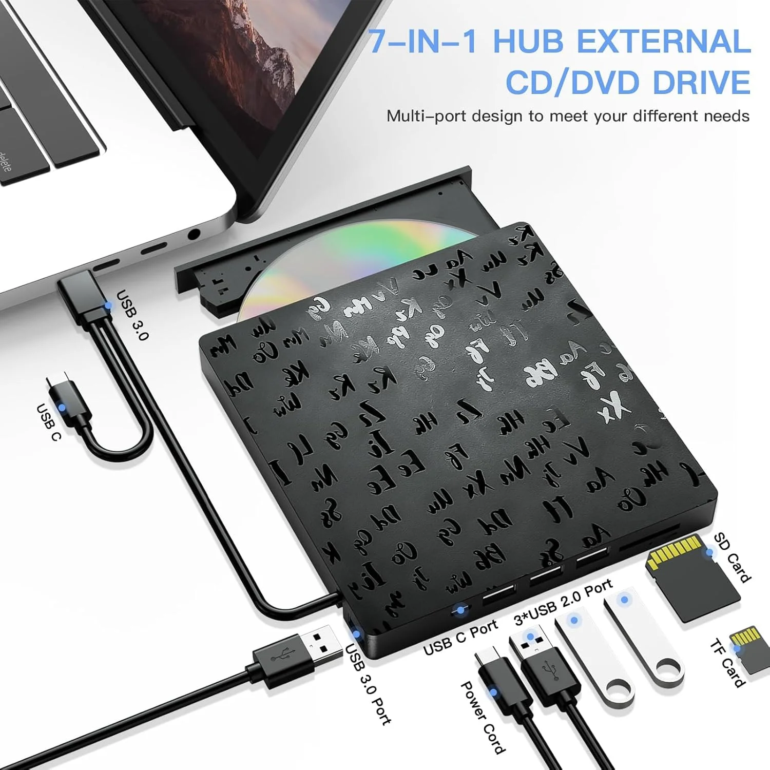درایو DVD اکسترنال، USB 3.0 Type-C CD رایتر، برای لپ تاپ Type-C/DVD ROM +/-RW با 4 پورت USB و 2 اسلات کارت SD، درایو نوری فوق العاده باریک، سازگار با ویندوز لینوکس مک OS (روشن)