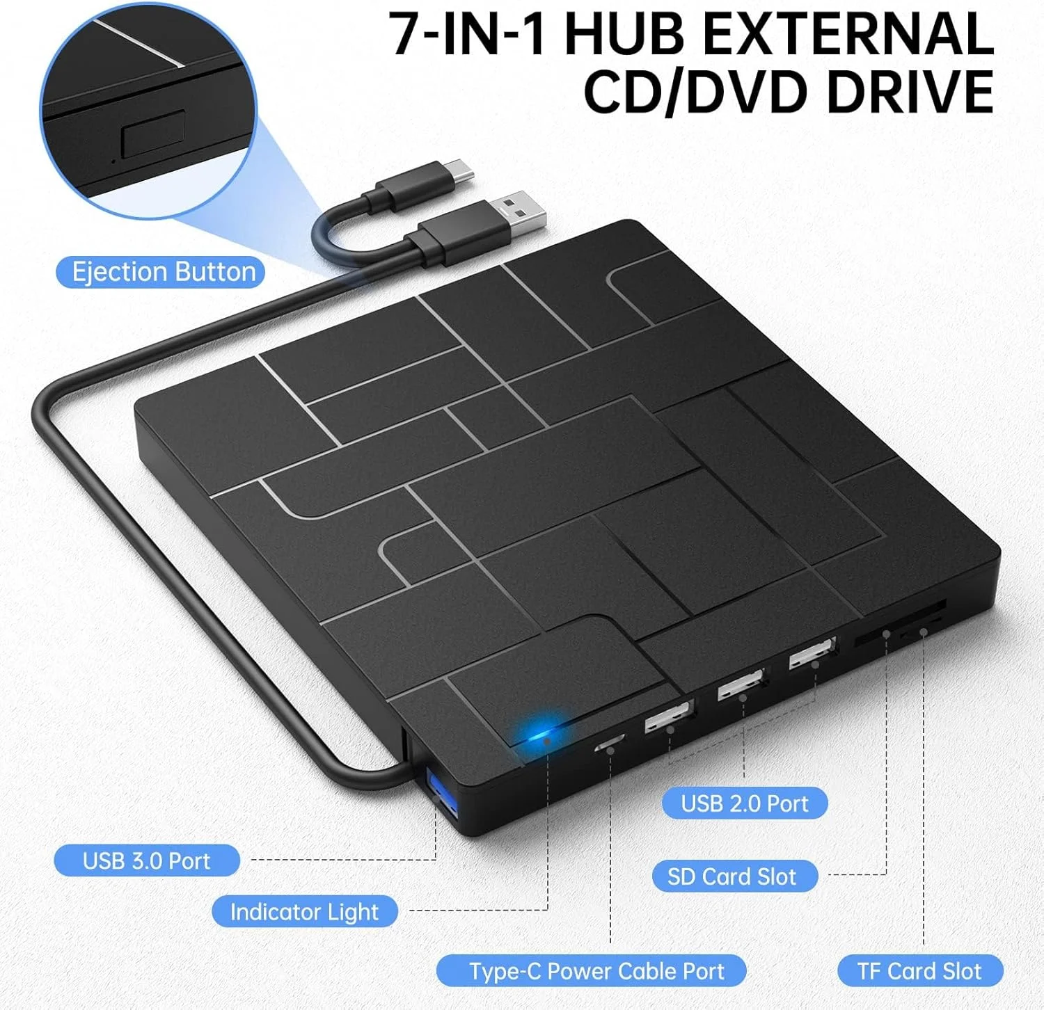 درایو DVD اکسترنال، USB 3.0 Type-C CD Burner، برای لپ تاپ Type-C/DVD ROM +/-RW با 4 پورت USB و 2 اسلات کارت SD، درایو نوری فوق العاده باریک، سازگار با ویندوز لینوکس مک OS (مات)