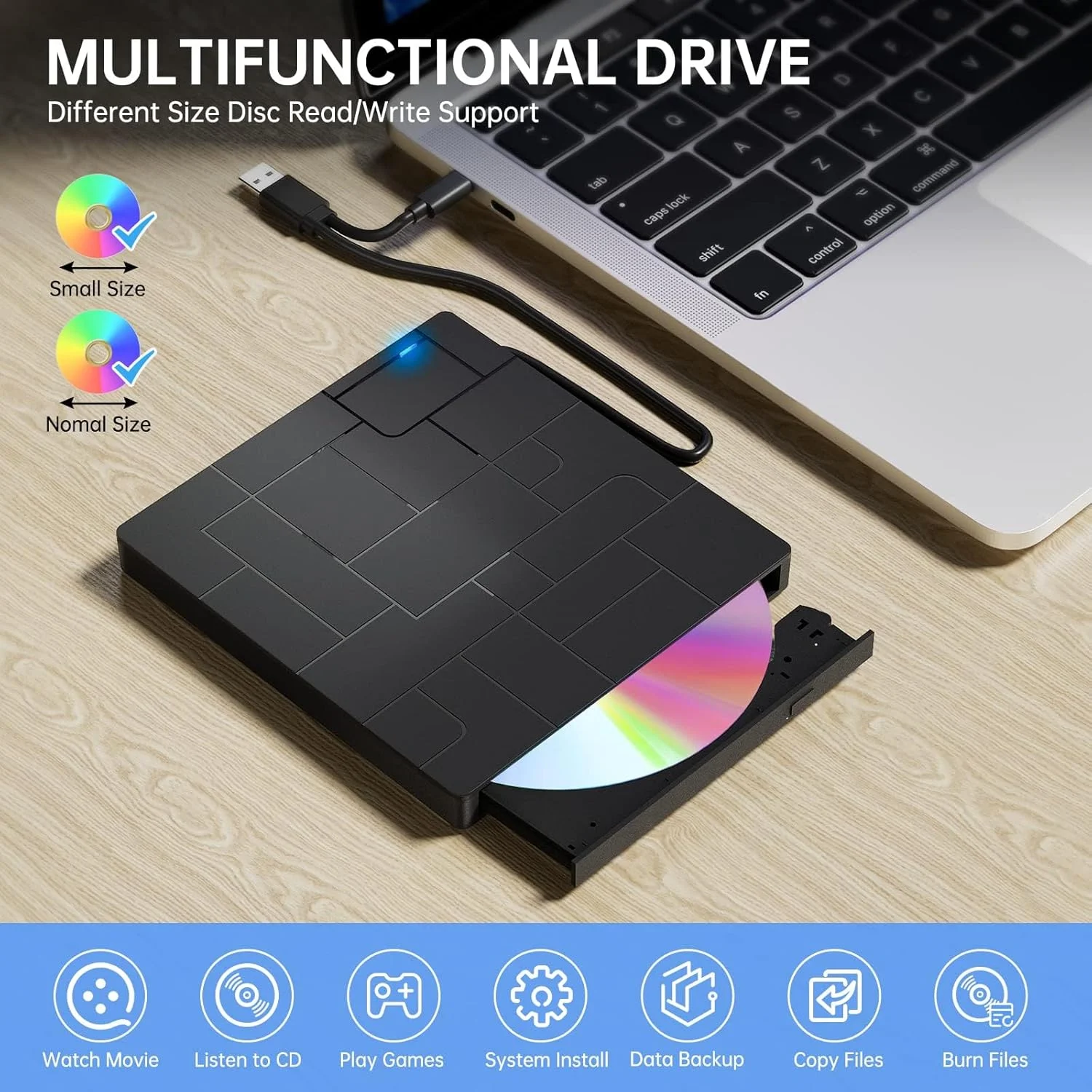 درایو DVD اکسترنال، USB 3.0 Type-C CD Burner، برای لپ تاپ Type-C/DVD ROM +/-RW با 4 پورت USB و 2 اسلات کارت SD، درایو نوری فوق العاده باریک، سازگار با ویندوز لینوکس مک OS (مات)