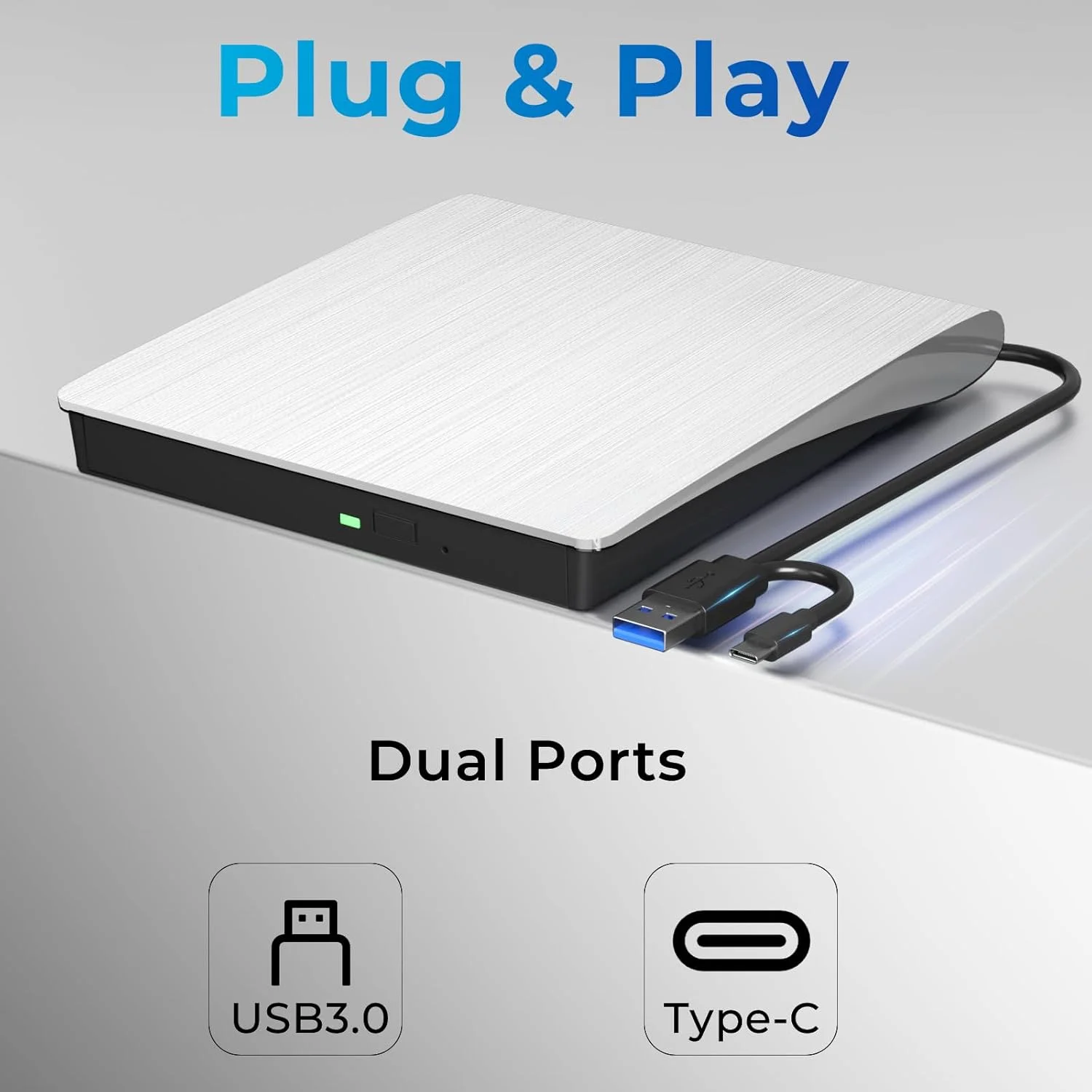 درایو نوری اکسترنال CD/DVD، USB 3.0 و Type-C، خواننده و نویسنده دیسک CD/DVD، پخش کننده CD اکسترنال، رایت کننده CD قابل حمل برای لپ تاپ، کامپیوتر، مک، ویندوز، لینوکس (سفید)