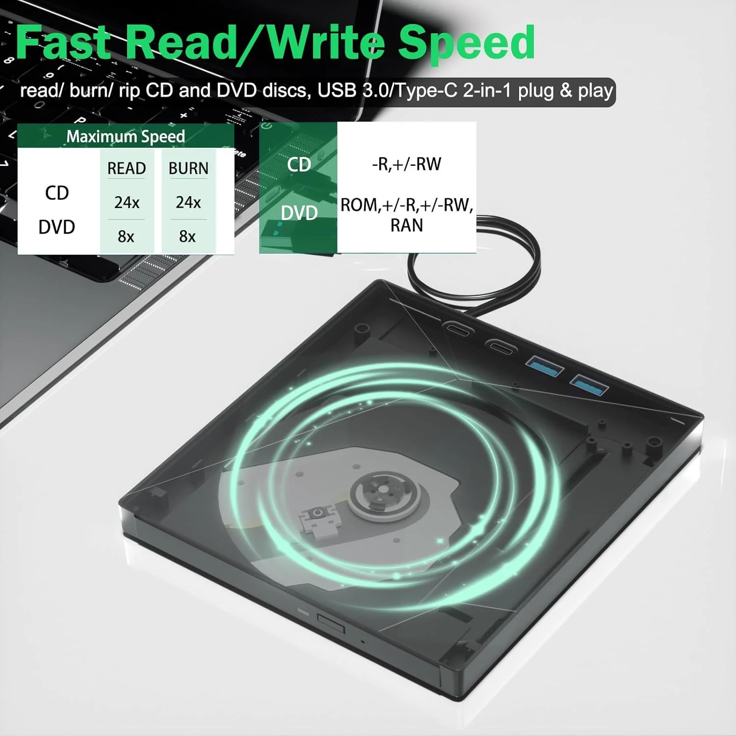 درایو نوری اکسترنال CD/DVD برای لپ تاپ، Taopjwr 7-in-1 پخش کننده CD با USB 3.0 و Type-C قابل حمل، درایو DVD خوان CD قابل حمل سازگار با لپ تاپ PC ویندوز XP/7/8/10، لینوکس مک OS