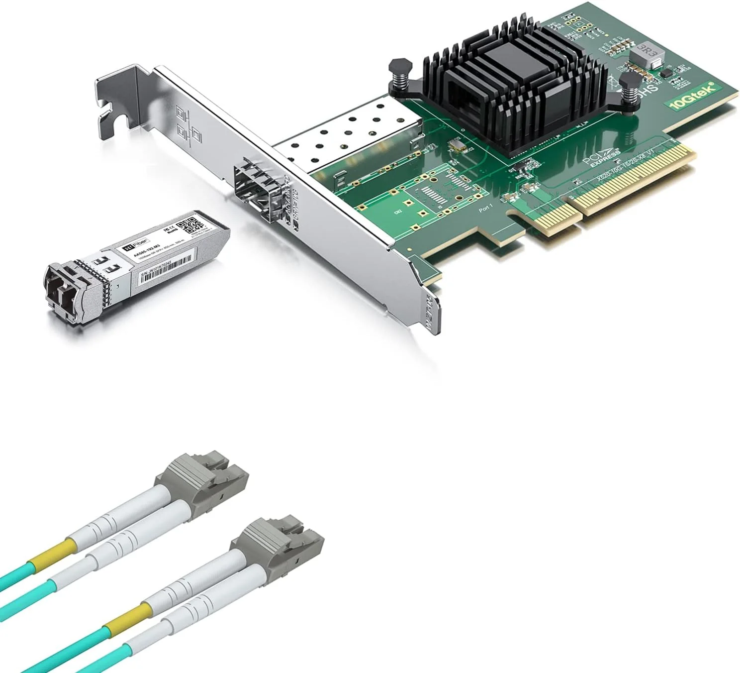 کارت شبکه 10 گیگابیتی SFP+ PCI-E به همراه ماژول 10G MultiMode SFP+ LC و کابل فیبر نوری 3 متری OM3 LC به LC، مشابه کارت شبکه Intel X520-DA1، تک پورت SFP+، PCI Express X8، پشتیبانی از Windows/Linux/VMware