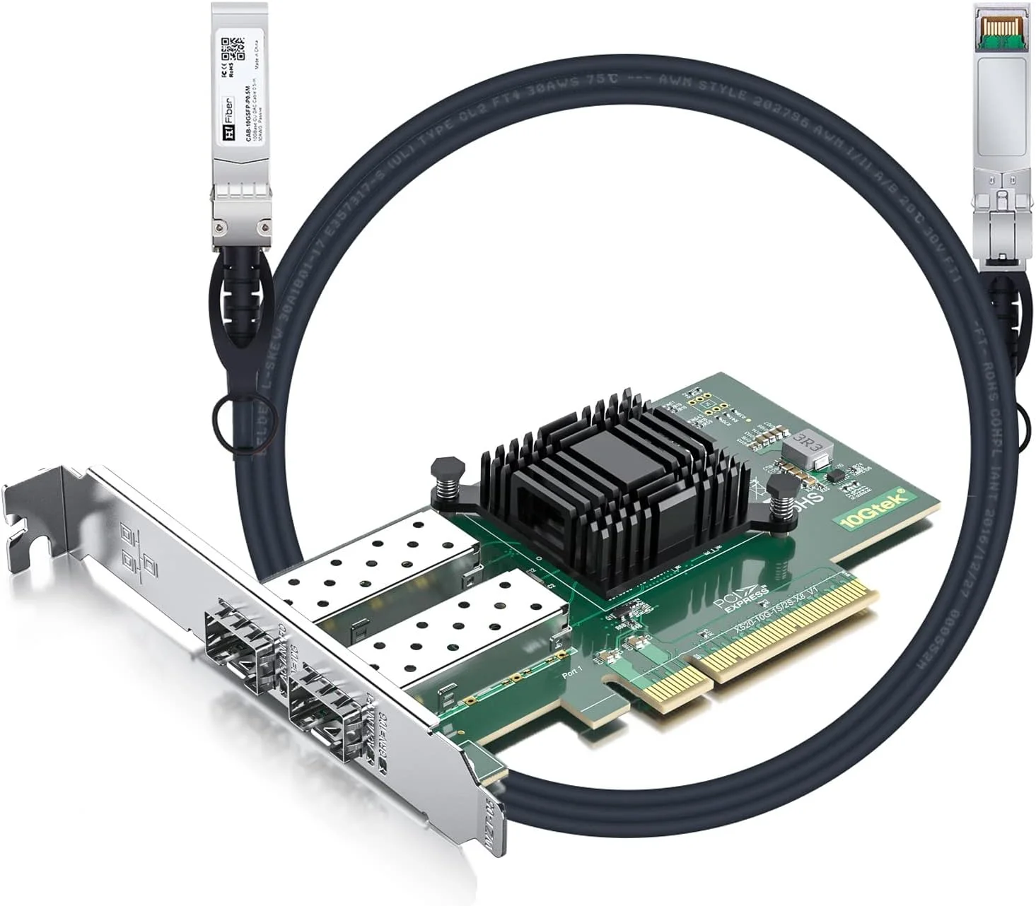 کارت شبکه ۱۰ گیگابیت SFP+ PCI-E به همراه کابل ۳ متری ۱۰G SFP+ DAC، کارت شبکه ۱۰G Dual SFP+ مشابه Intel X520-DA2، PCI Express X8، پشتیبانی از ویندوز، لینوکس، Vmware