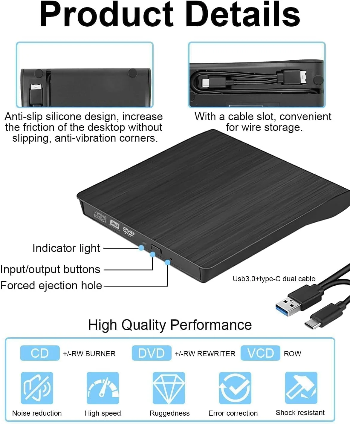 دی وی دی/سی دی خوان اکسترنال - خواننده و نویسنده فوق العاده باریک با USB 3.0 + Type-C، پشتیبانی کامل از فرمت ها، پلاگ اند پلی، سازگاری جهانی برای کامپیوتر/لپ تاپ