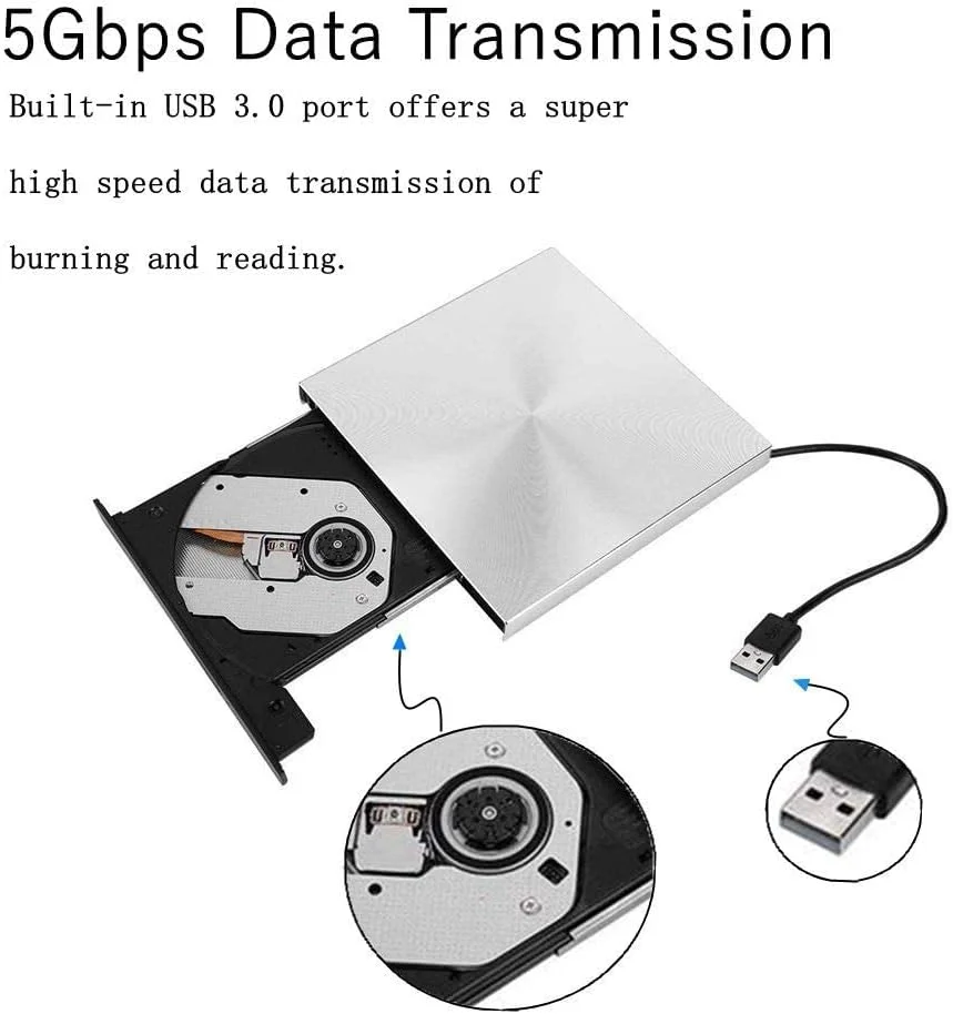 درایو نوری اکسترنال CD DVD، درایو CD فوق العاده باریک قابل حمل، انتقال داده 5 گیگابیت بر ثانیه، رایتر DVD اکسترنال با محافظت چند سطحی، درایو DVD پاپ آپ USB 3.0
