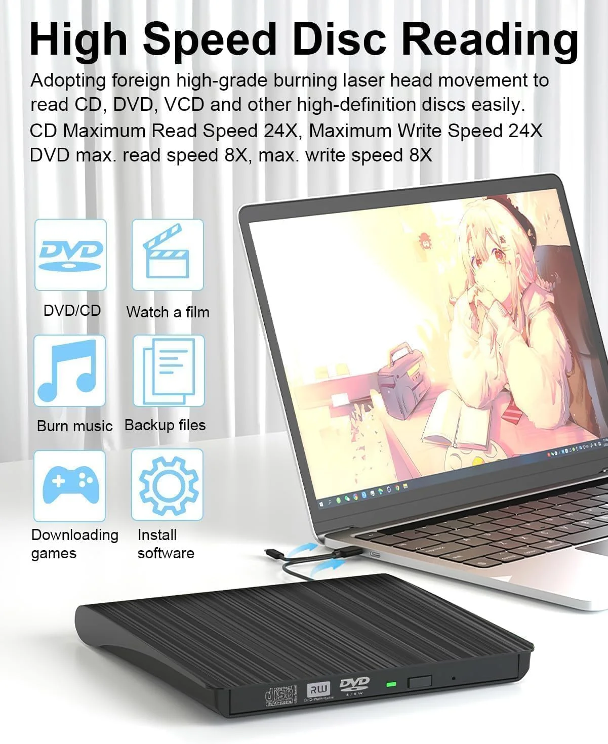 دی وی دی/سی دی خوان اکسترنال - خواننده و نویسنده فوق العاده باریک با USB 3.0 + Type-C، پشتیبانی کامل از فرمت ها، پلاگ اند پلی، سازگاری جهانی برای کامپیوتر/لپ تاپ