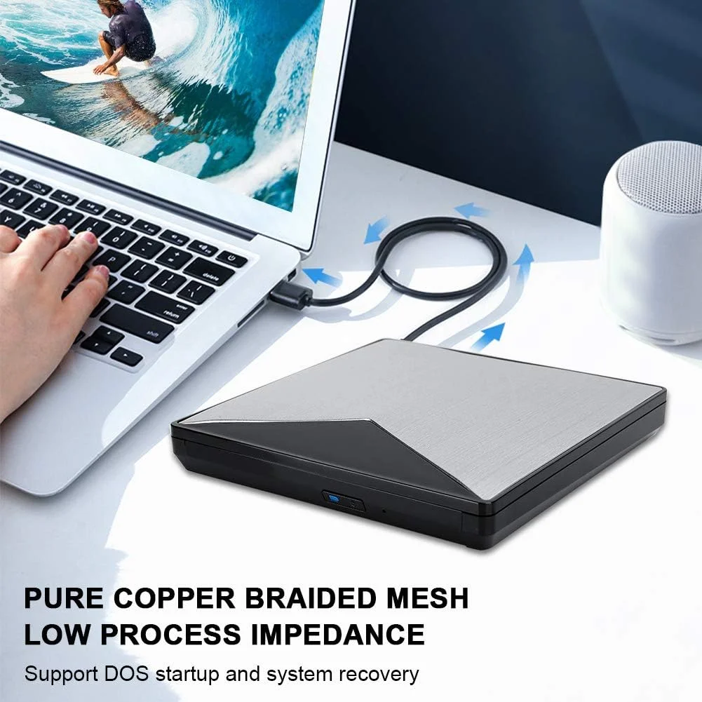 درایو نوری اکسترنال CD DVD، USB 3.0 قابل حمل اکسترنال CD DVD رایتر و رکوردر 2 مگابایت USB برای سیستم عامل های WindowsXP/2003/2000/Vista/7/8.1/10/Linux/ios