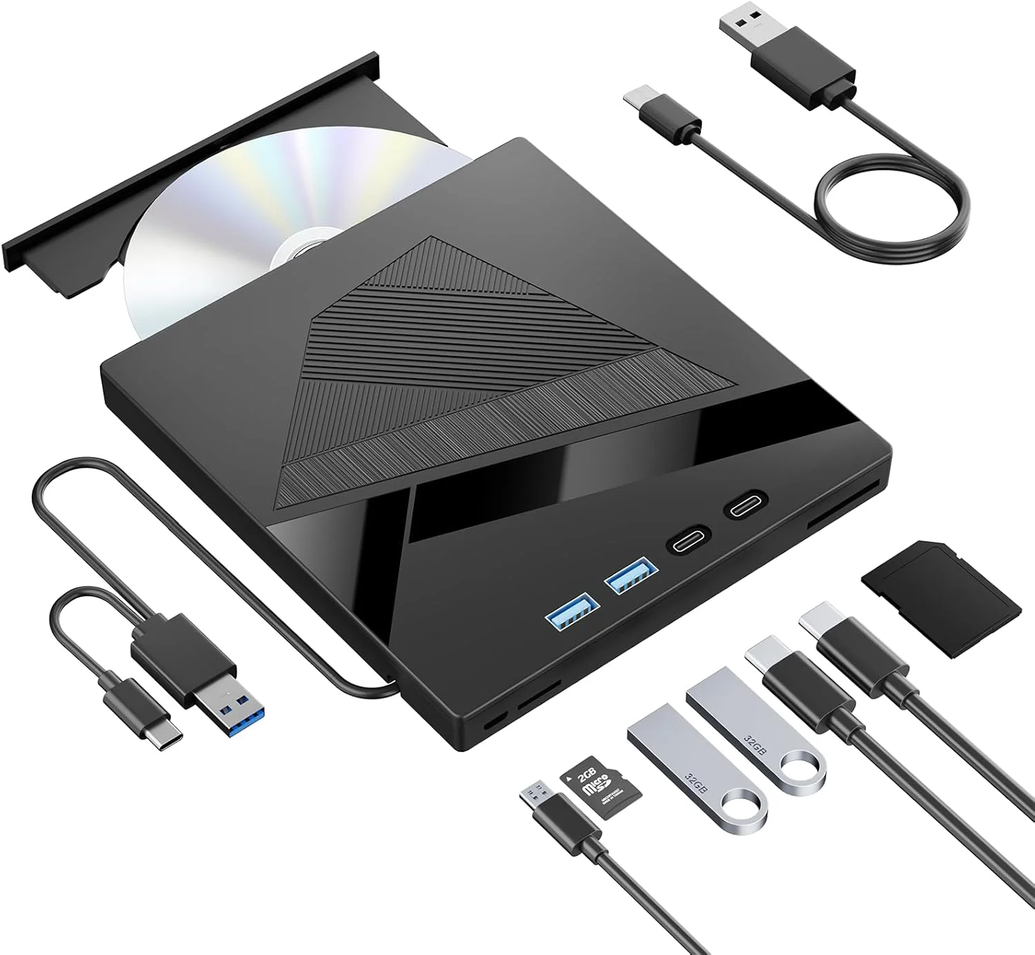 درایو نوری اکسترنال CD/DVD، پخش کننده DVD با USB 3.0 و Type-C، رایتر +/-RW قابل حمل، دستگاه کپی CD سازگار با لپ تاپ، کامپیوتر، ویندوز XP/7/8/10، لینوکس و مک OS