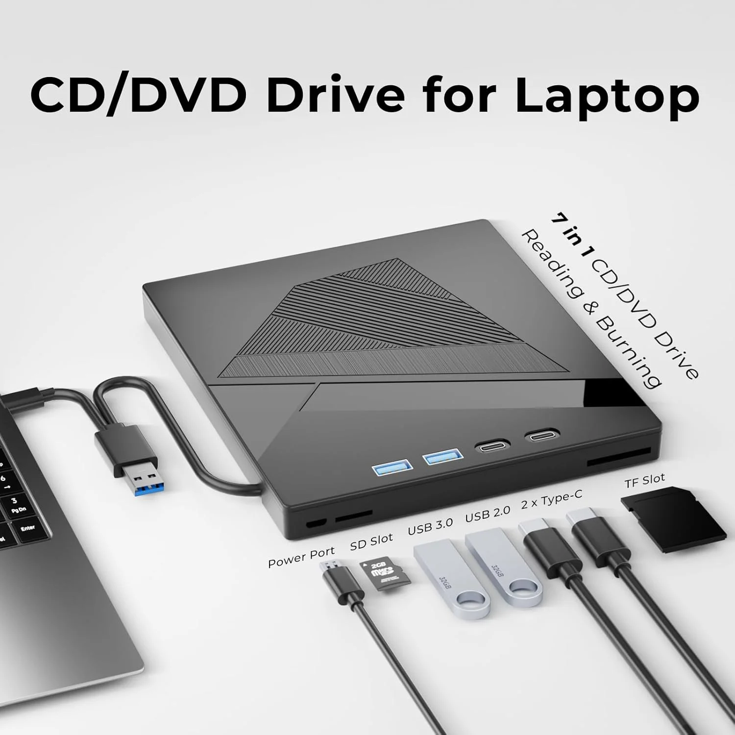 درایو نوری اکسترنال CD/DVD، پخش کننده DVD با USB 3.0 و Type-C، رایتر +/-RW قابل حمل، دستگاه کپی CD سازگار با لپ تاپ، کامپیوتر، ویندوز XP/7/8/10، لینوکس و مک OS