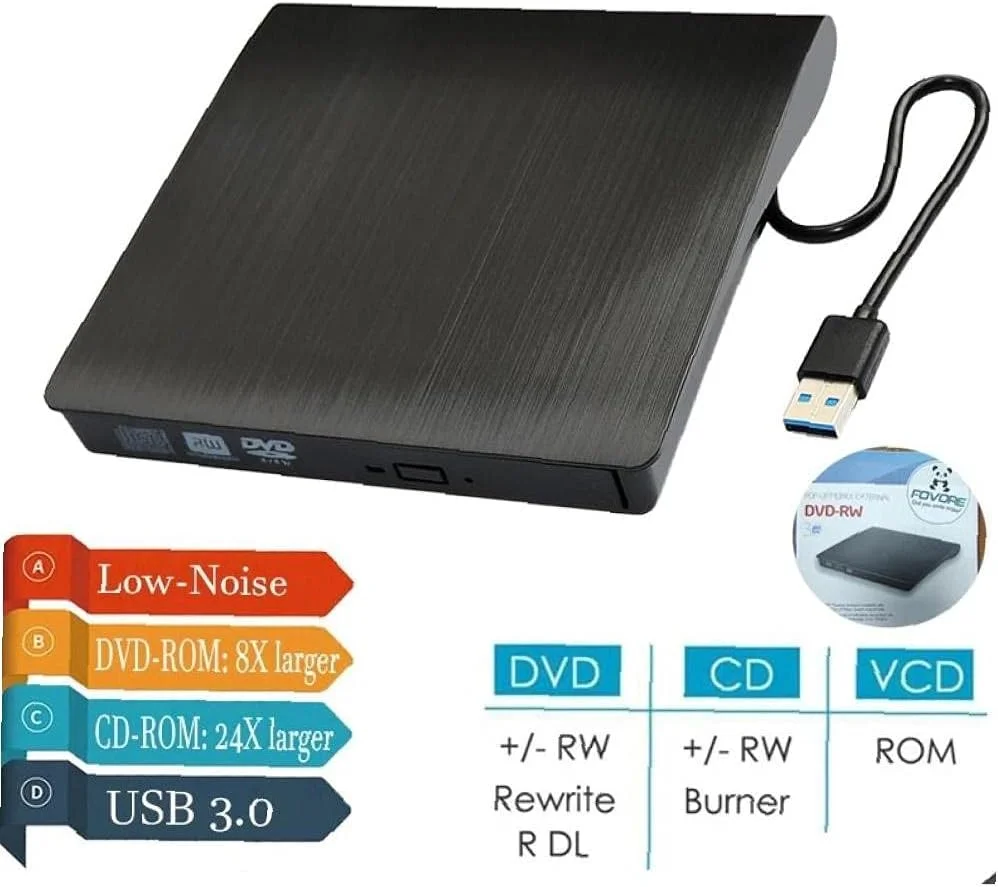 درایو اکسترنال CD DVD USB 3.0، رایتر و سوزاننده قابل حمل، باریک، پلیر اپتیکال کامپیوتر، اتصال کابل