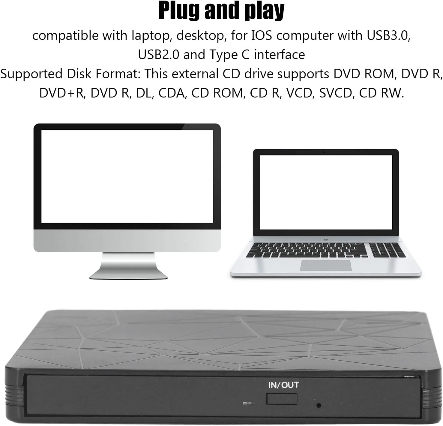 درایو DVD اکسترنال، درایو CD/DVD RW قابل حمل USB 3.0 / پخش کننده DVD، رایتر CD ROM با طرح بافت عنکبوتی برای لپ تاپ ویندوز