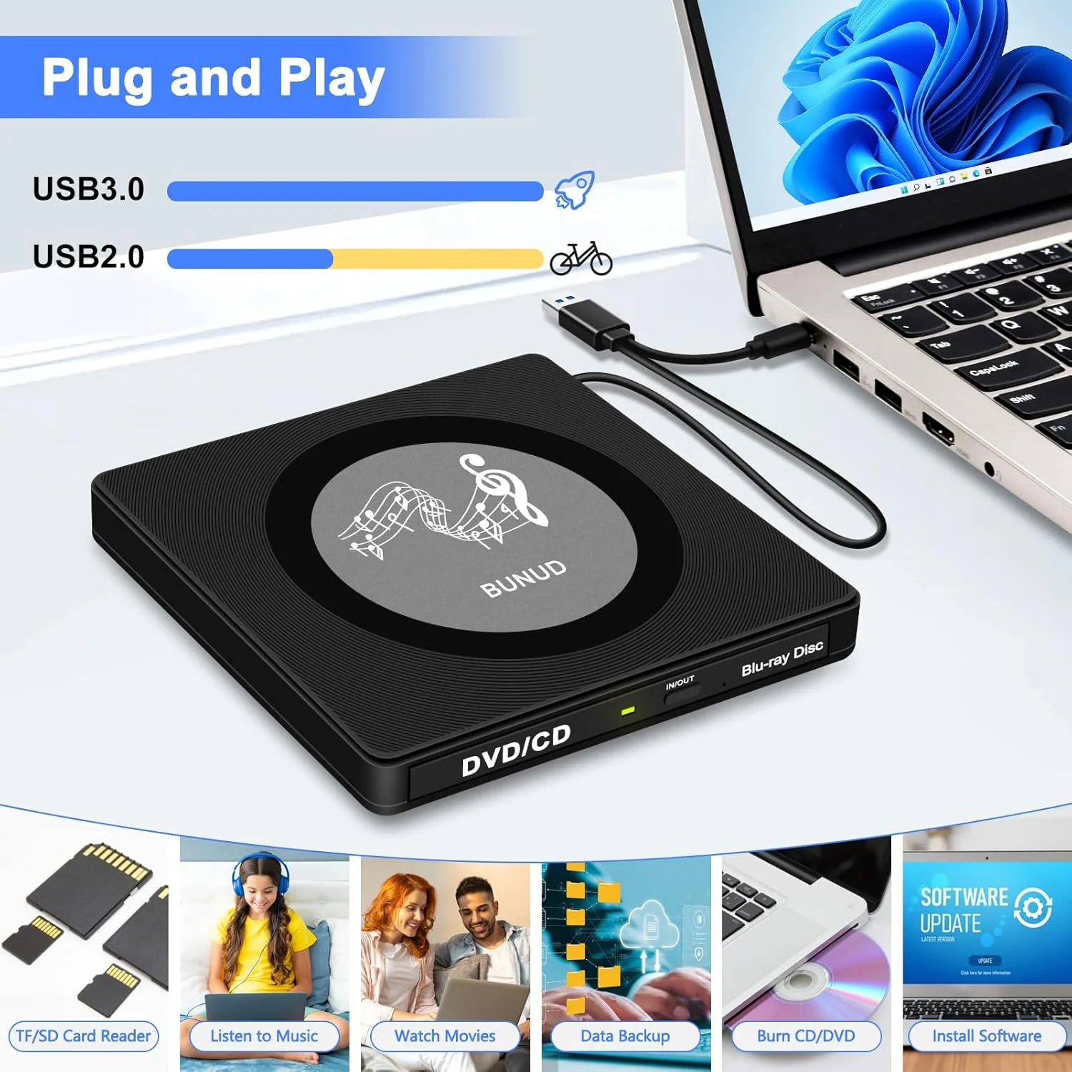 درایو بلوری اکسترنال، USB 3.0 Type-C قابل حمل بلوری رایتر BD BD پلیر خواندن/نوشتن با 2 پورت USB و اسلات های TF/SD، درایو نوری بلوری DVD برای لپ تاپ PC ویندوز 11 مک بوک پرو ایر دسکتاپ لینوکس