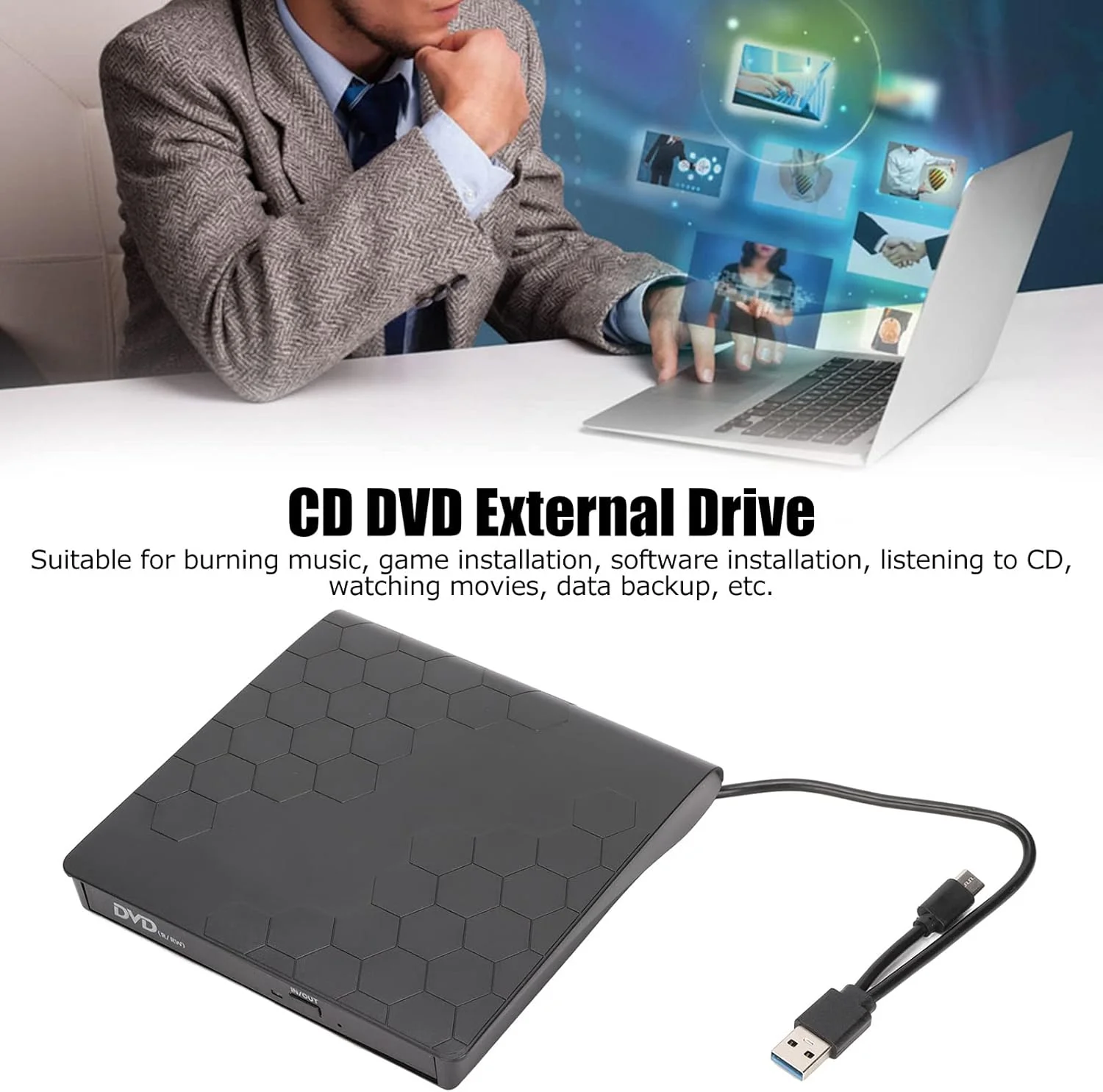 درایو DVD اکسترنال، USB 3.0 Type C قابل حمل CD DVD RW درایو اپتیکال DVD پلیر رایت کننده، برای Macbook Pro Air iMac PC لپ تاپ دسکتاپ