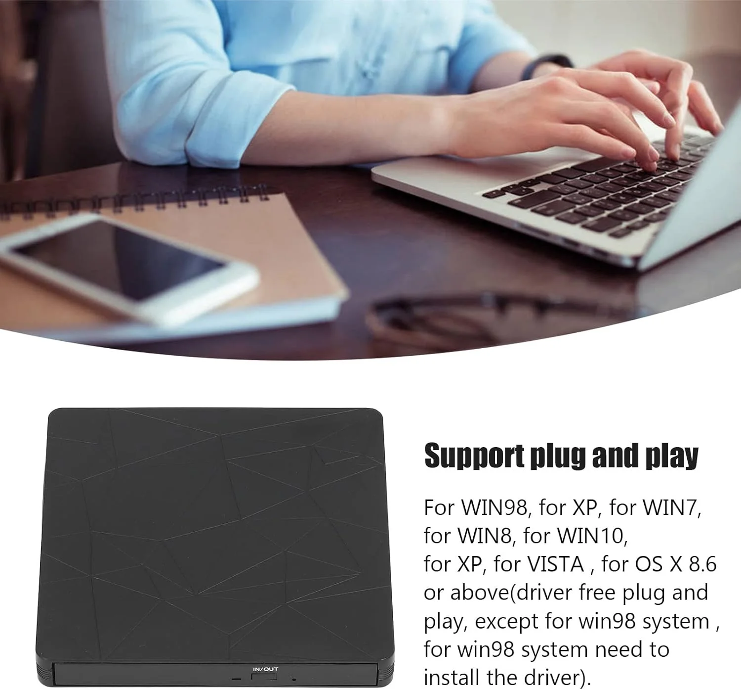 درایو DVD اکسترنال، درایو CD/DVD RW قابل حمل USB 3.0 / پخش کننده DVD، رایتر CD ROM با طرح بافت عنکبوتی برای لپ تاپ ویندوز