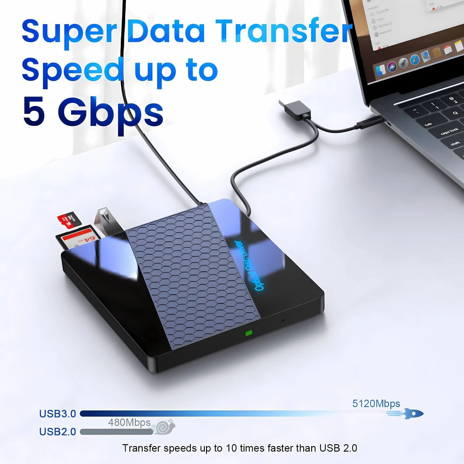 درایو DVD اکسترنال، درایو CD/DVD +/-RW اکسترنال USB 3.0 قابل حمل تایپ C، پخش کننده/رایتر/خواننده CD/DVD برای لپ تاپ، درایو دیسک CD ROM اپتیکال برای لپ تاپ MacBook Windows 10/8/7 / XP/Linux