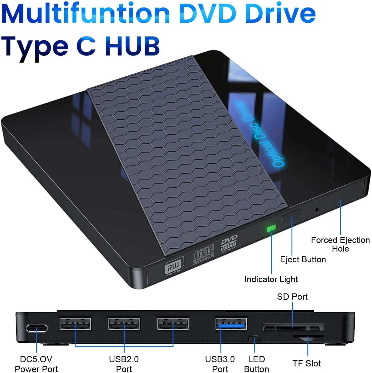 درایو DVD اکسترنال، درایو CD/DVD +/-RW اکسترنال USB 3.0 قابل حمل تایپ C، پخش کننده/رایتر/خواننده CD/DVD برای لپ تاپ، درایو دیسک CD ROM اپتیکال برای لپ تاپ MacBook Windows 10/8/7 / XP/Linux