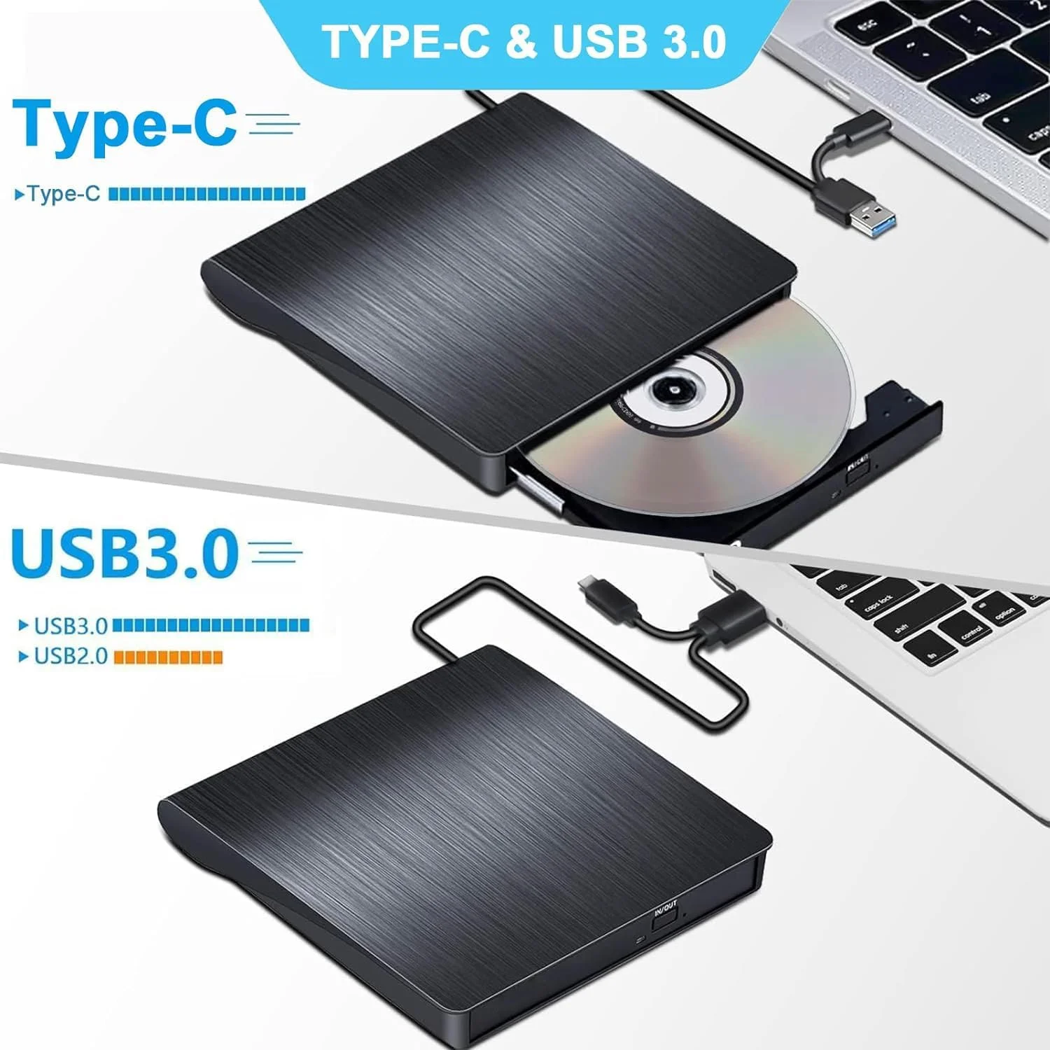 درایو اکسترنال CD DVD، درایو قابل حمل USB 3.0 Type-C DVD/CD RW رایتر و رایت کننده، پلیر پرسرعت اپتیکال DVD، درایو اکسترنال دیسک برای لپ تاپ، کامپیوتر، مک، آی او اس، ویندوز 11/10/8/7 / XP/Vista/Linux