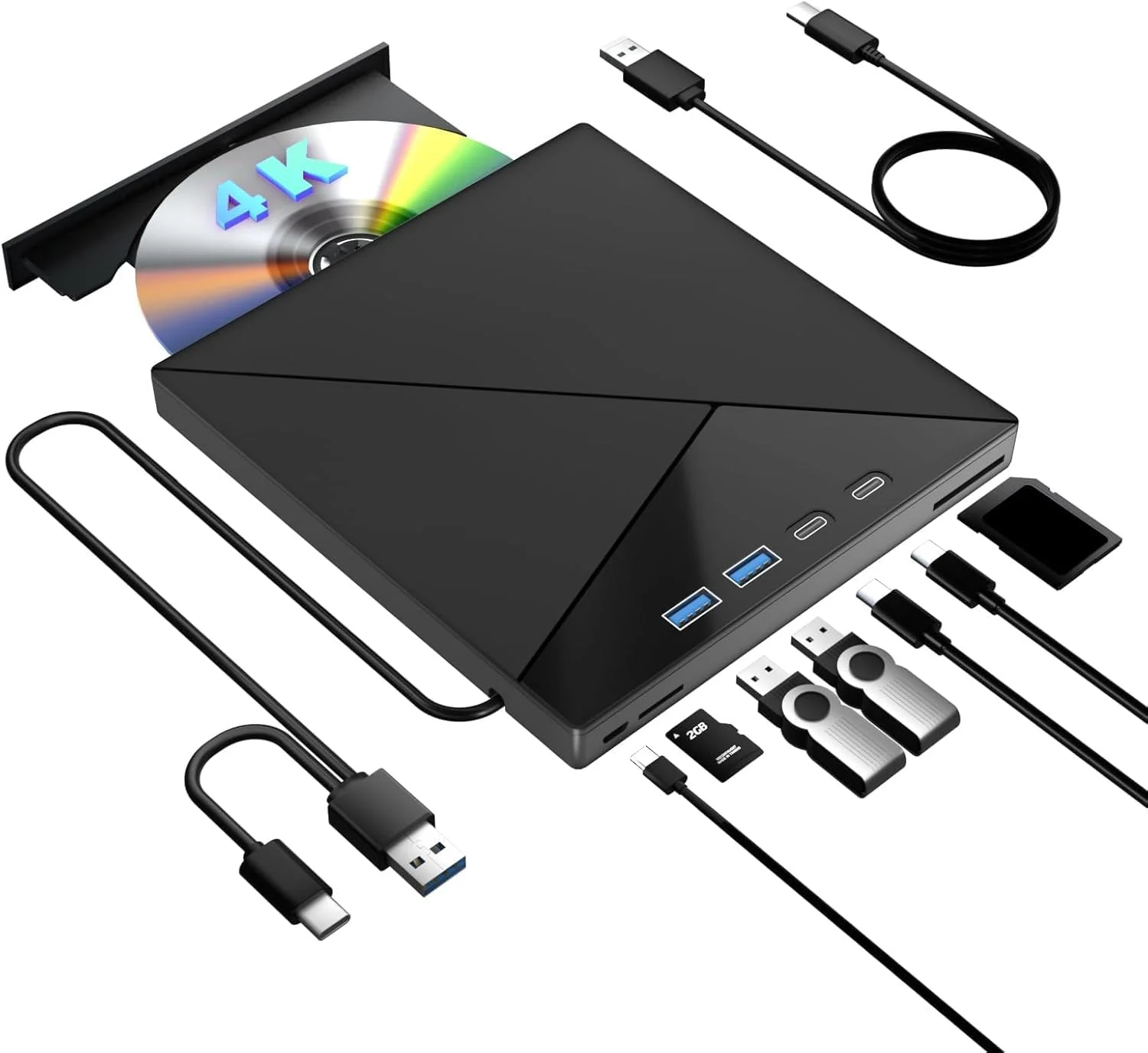 درایو بلوری اکسترنال 7 در 1، رایتر بلوری 4K با USB 3.0 Type-C، رایتر CD DVD، پخش کننده BD سه بعدی با پورت های SD/TF، درایو اپتیکال 4K سازگار با لپ تاپ و کامپیوتر ویندوز و MacOS