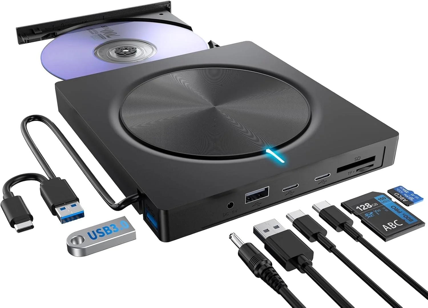 درایو DVD اکسترنال 8 در 1 - USB 3.0 خواننده و نویسنده DVD قابل حمل برای لپ تاپ، دسکتاپ، مک، ویندوز 11/10/8/7 و سیستم عامل لینوکس