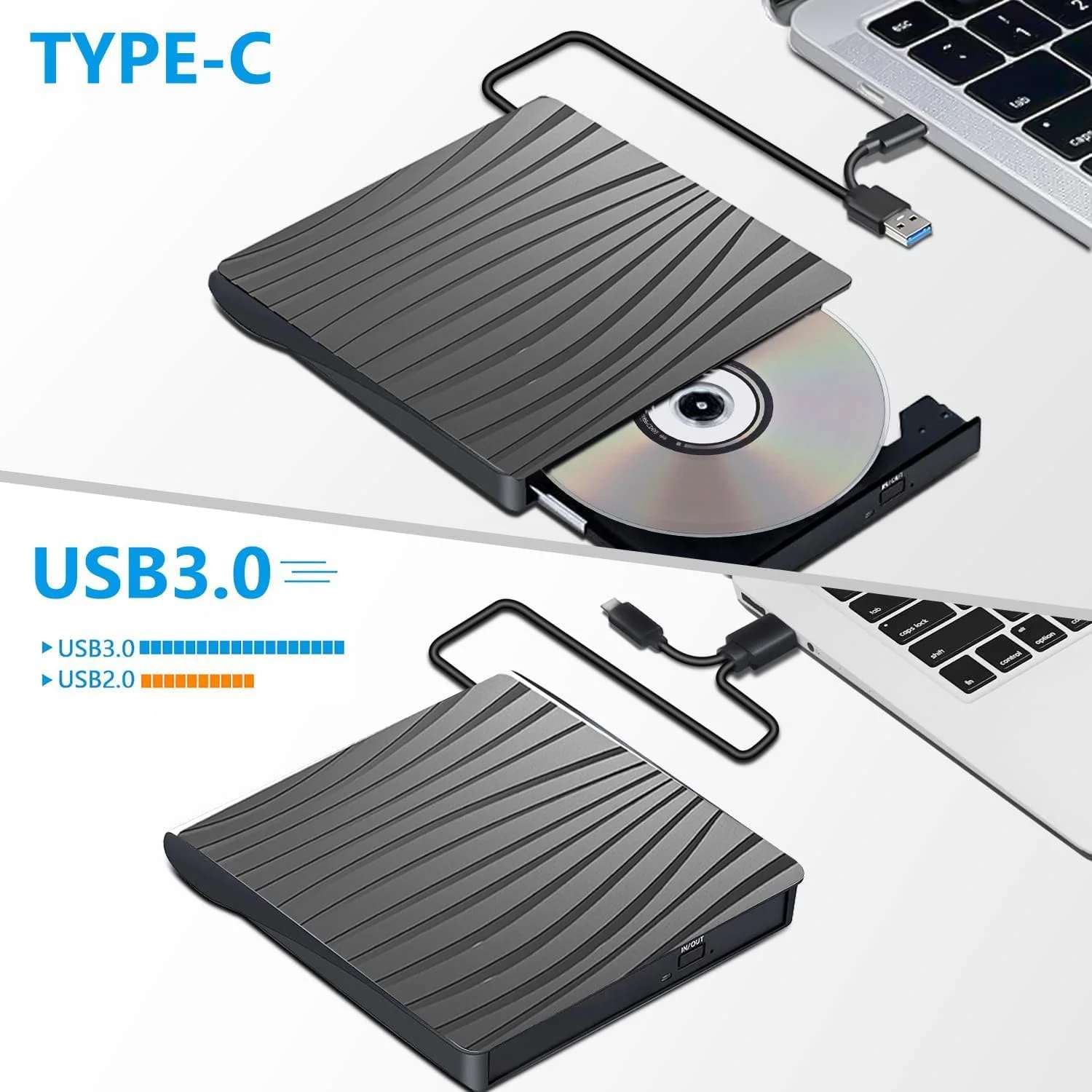 درایو نوری اکسترنال CD DVD، درایو قابل حمل USB 3.0 Type-C، رایتر و پلیر DVD CD RW، درایو اکسترنال دیسک نوری برای لپ تاپ، کامپیوتر، PC، مک، IOS، ویندوز 11/10/8/7/XP/Linux/Vista