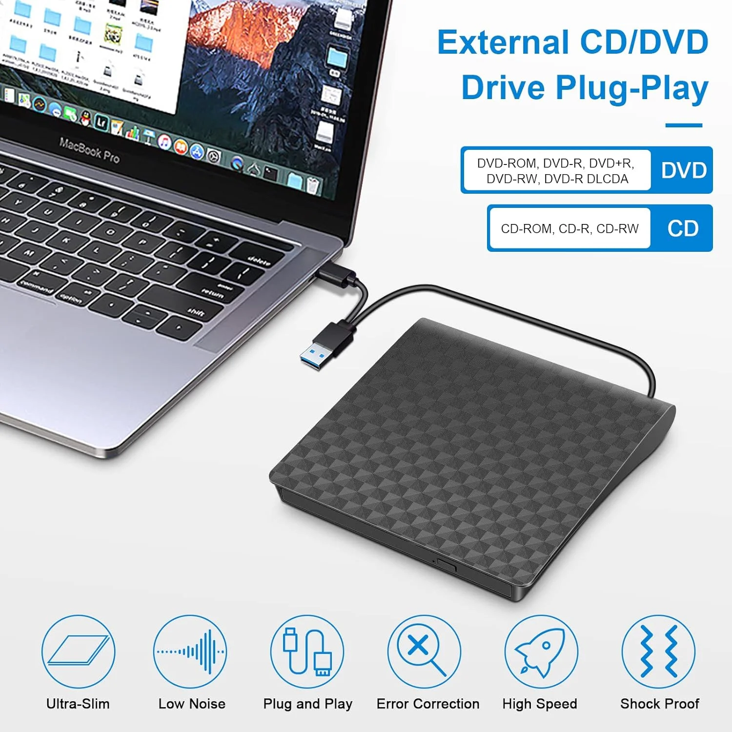 درایو نوری اکسترنال CD/DVD برای لپ تاپ، USB 3.0 Type-C، فوق العاده باریک و قابل حمل CD DVD +/-RW، سازگار با لپ تاپ، کامپیوتر رومیزی، ویندوز، لینوکس و مک