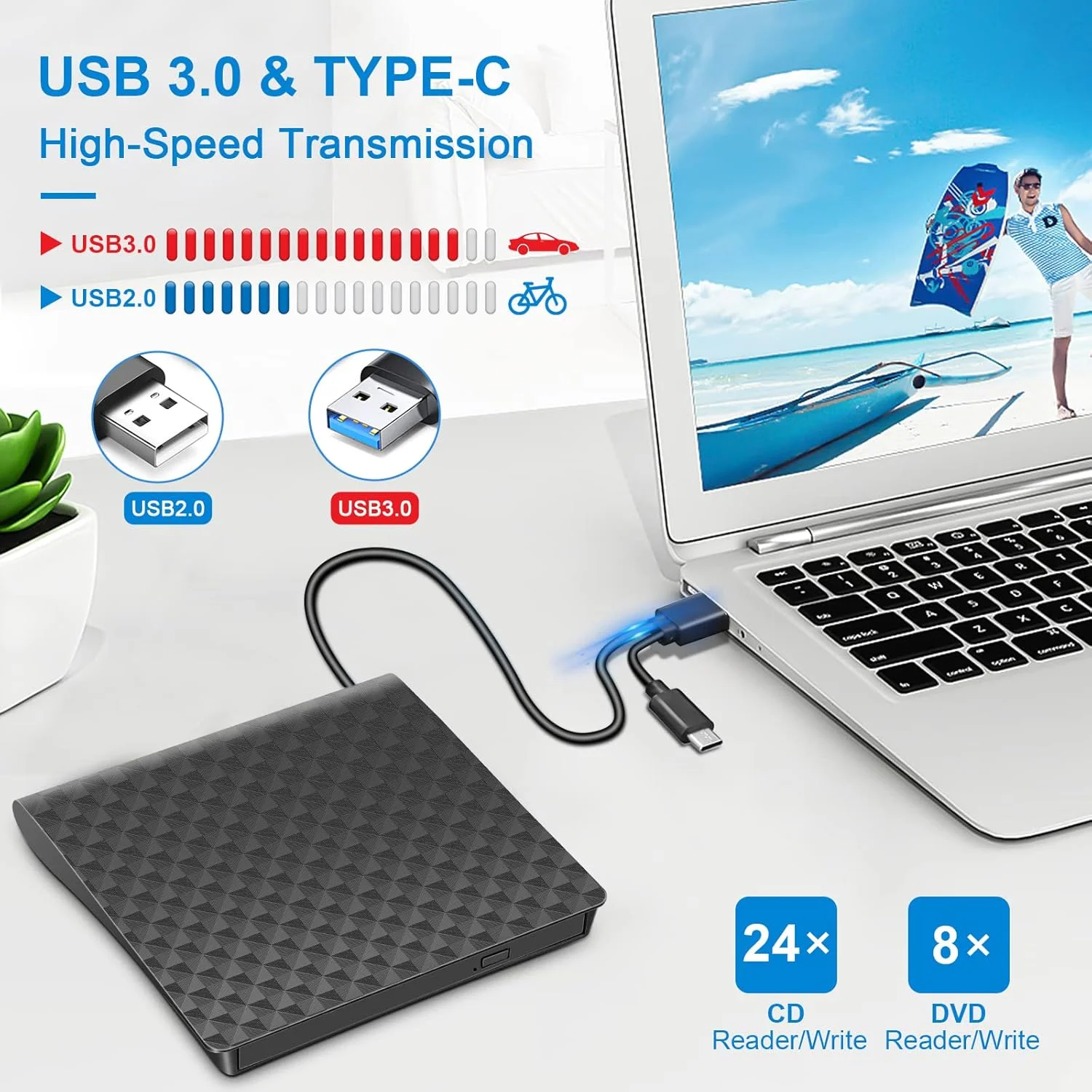 درایو نوری اکسترنال CD/DVD برای لپ تاپ، USB 3.0 Type-C، فوق العاده باریک و قابل حمل CD DVD +/-RW، سازگار با لپ تاپ، کامپیوتر رومیزی، ویندوز، لینوکس و مک