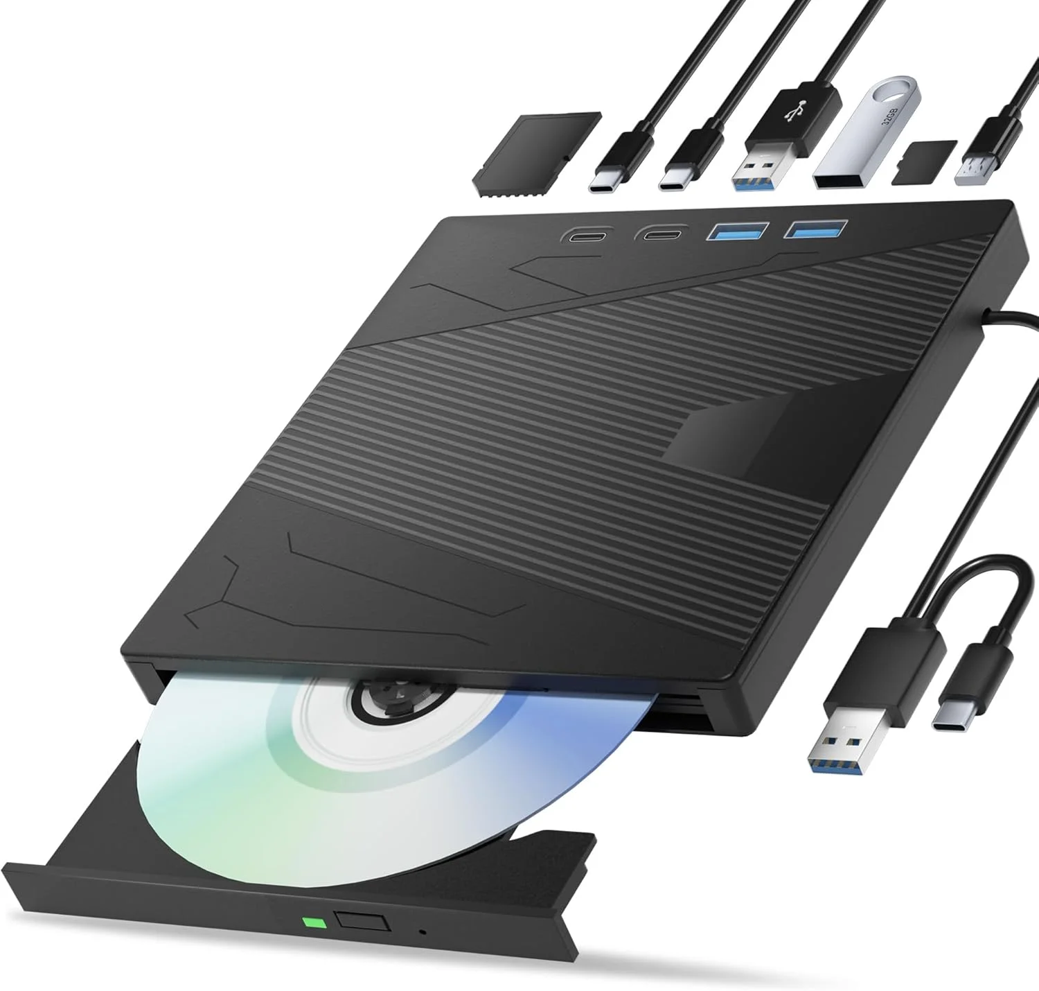 درایو نوری اکسترنال CD/DVD برای لپ تاپ، پخش کننده DVD هفت کاره برای لپ تاپ USB 3.0 و Type-C، رایتر CD قابل حمل اکسترنال، درایو دیسک نوری سازگار با لپ تاپ PC ویندوز XP/7/8/10، لینوکس MacOS