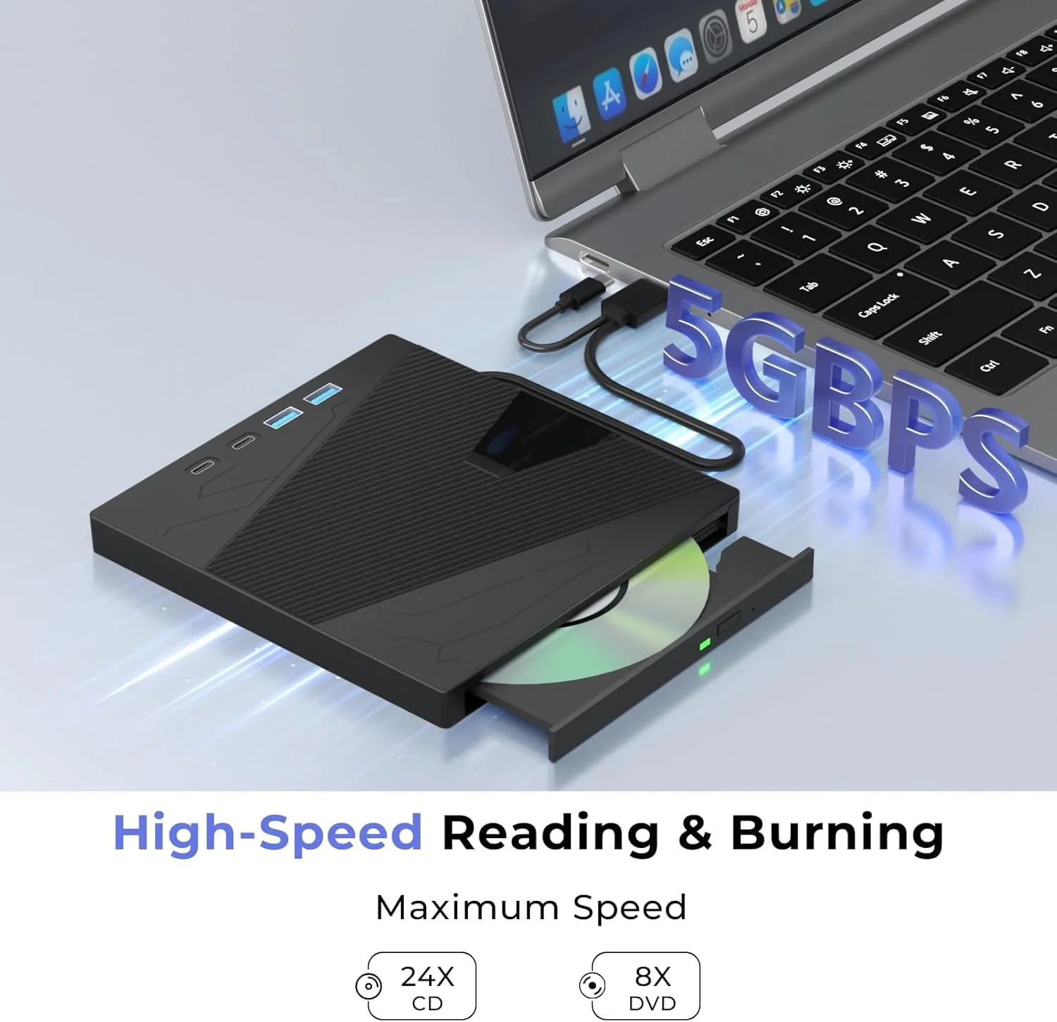 درایو نوری اکسترنال CD/DVD برای لپ تاپ، پخش کننده DVD هفت کاره برای لپ تاپ USB 3.0 و Type-C، رایتر CD قابل حمل اکسترنال، درایو دیسک نوری سازگار با لپ تاپ PC ویندوز XP/7/8/10، لینوکس MacOS