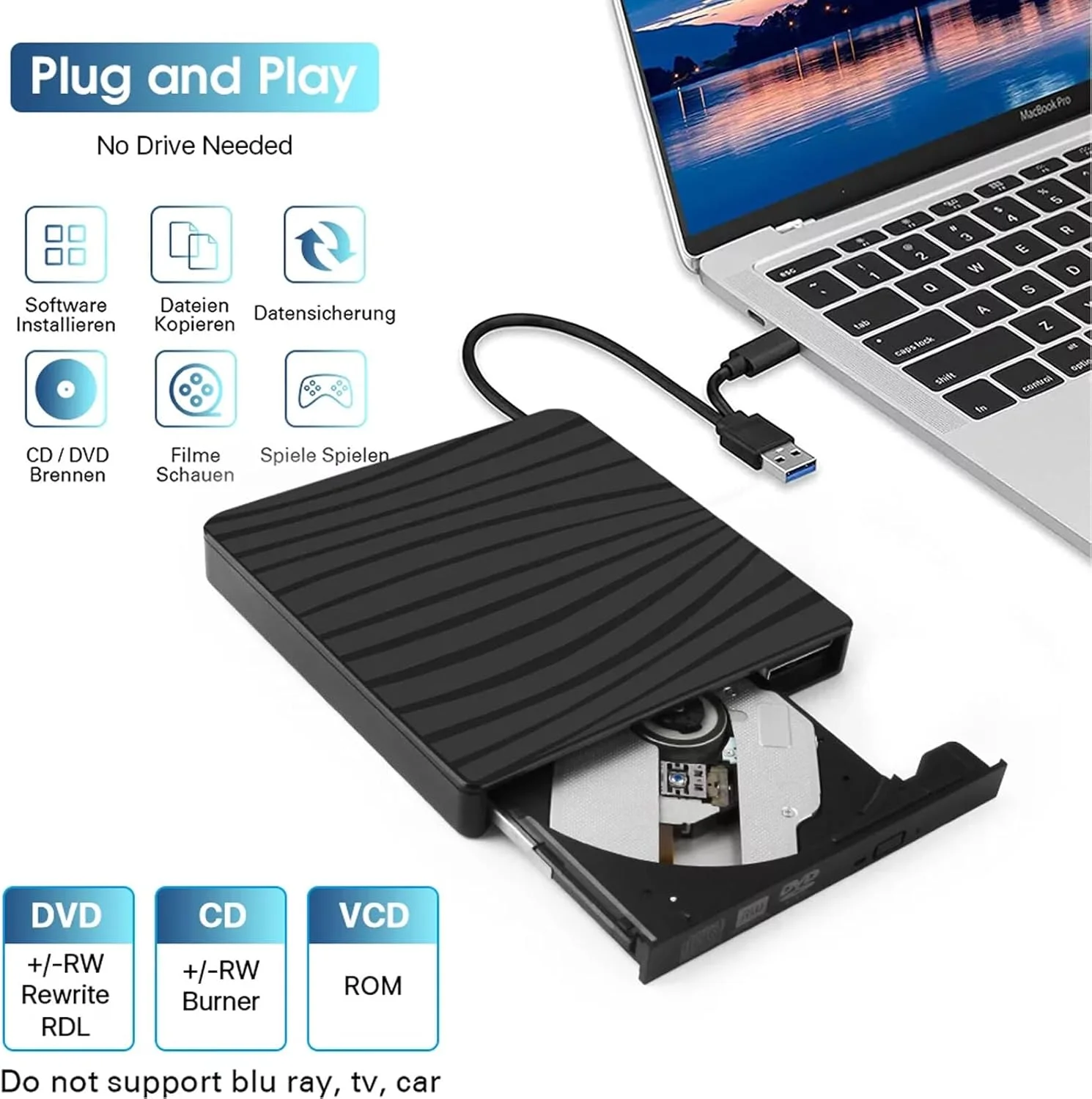 درایو DVD اکسترنال، درایو CD DVD +/-RW ROM قابل حمل USB 3.0 و Type-C برای لپ تاپ PC دسکتاپ، CD DVD Burner Reader سازگار با سیستم عامل های Windows XP / 2003 / Vista /7 /8/10/11 Linux