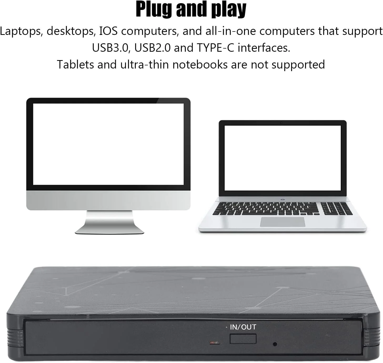 درایو اکسترنال CD DVD USB 3.0، درایو قابل حمل CD RW، پخش کننده DVD برای لپ تاپ، کامپیوتر، دسکتاپ، درایو نوری پلیر رایتر با هاب USB، پشتیبانی از TF، خواندن کارت حافظه