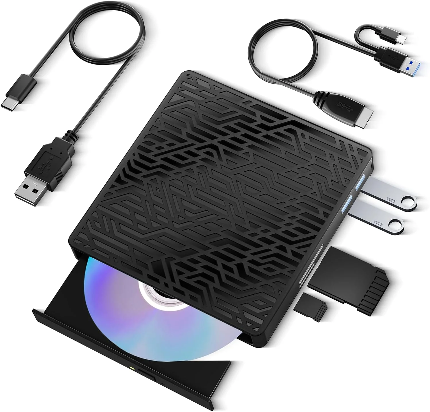 درایو بلوری اکسترنال 5 در 1 برای لپ تاپ، درایو بلوری/DVD اکسترنال قابل حمل برای کامپیوتر، USB 3.0 و Type-C بلوری رایتر با پشتیبانی از دیسک 50G، درایو بلوری USB با پورت TF SD برای ویندوز لینوکس مک OS