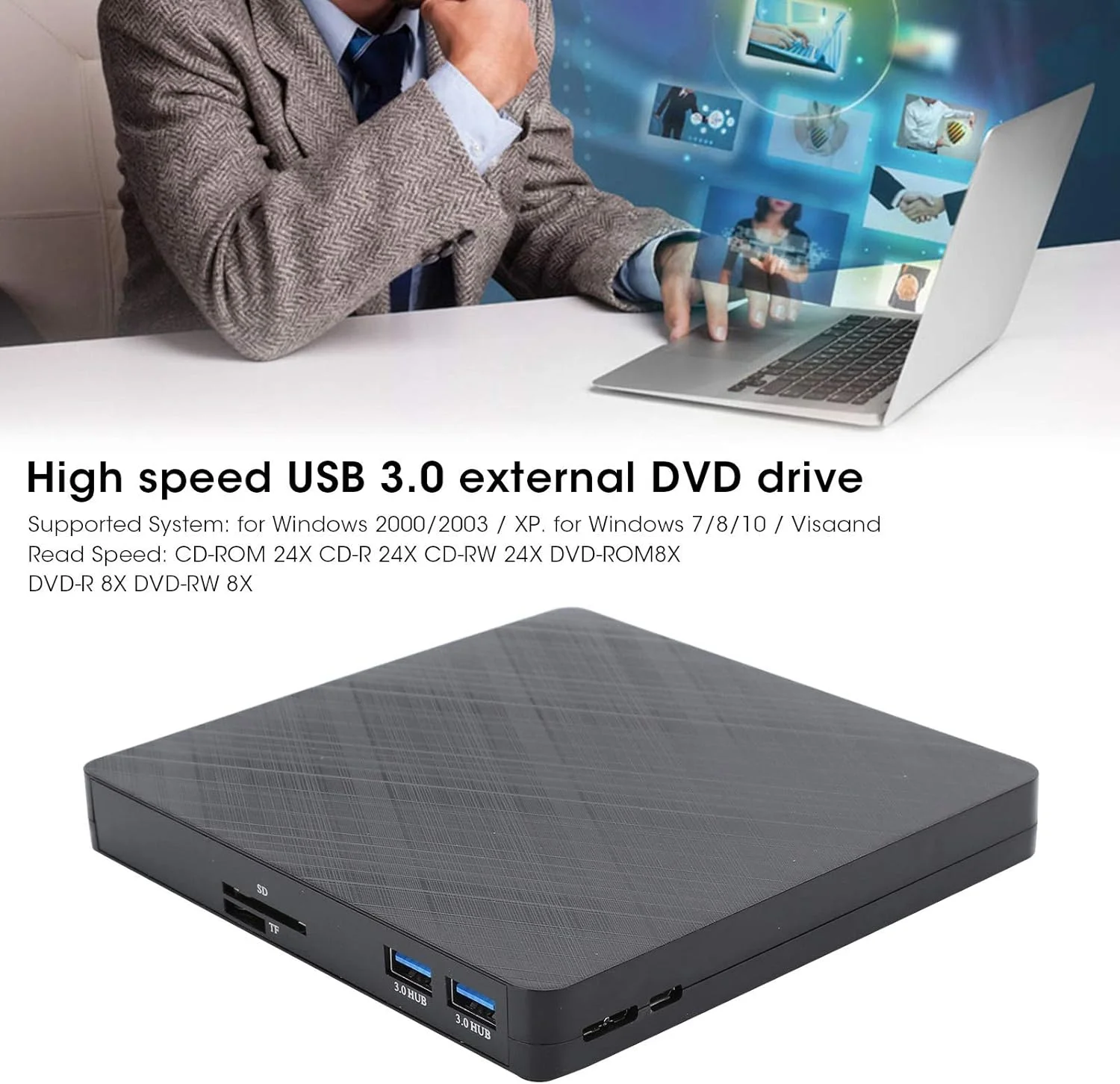 درایو DVD اکسترنال USB 3.0، رایتر و پلیر درایو نوری CD DVD برای کامپیوتر، دسکتاپ، Plug and Play برای خانه، اداره یا مسافرت