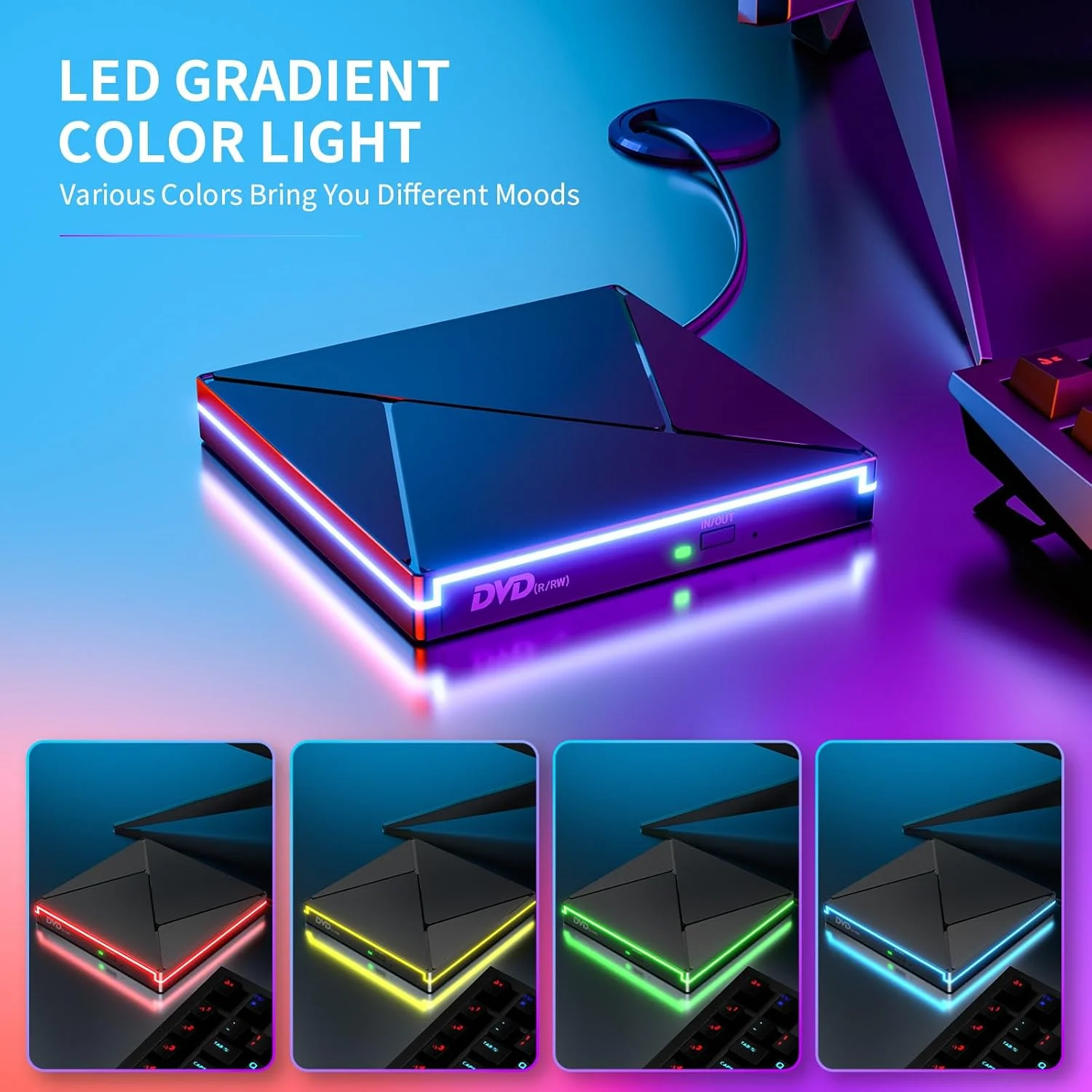 درایو نوری اکسترنال با نورپردازی RGB، USB 3.0 و USB-C، درایو اکسترنال CD/DVD، رایتر CD DVD +/-RW ROM، درایو DVD اکسترنال نوری برای لپ تاپ، کامپیوتر، دسکتاپ، مک بوک، آی مک، ویندوز 11/10/8/7/XP/Linux/MacOS