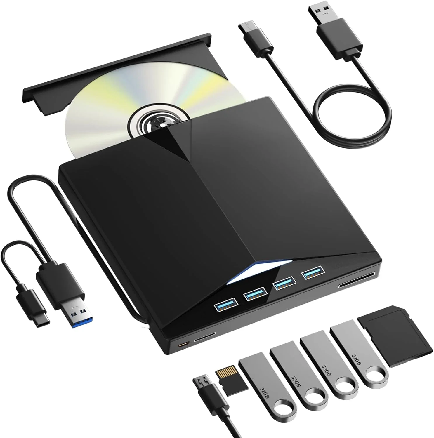 درایو نوری اکسترنال CD/DVD برای لپ تاپ، درایو اکسترنال USB 3.0 هفت کاره، CD خوان برای کامپیوتر با 4 پورت USB و اسلات کارت TF/SD، درایو DVD اکسترنال USB برای ویندوز 11/10/8/7/XP/Linux/MacOS