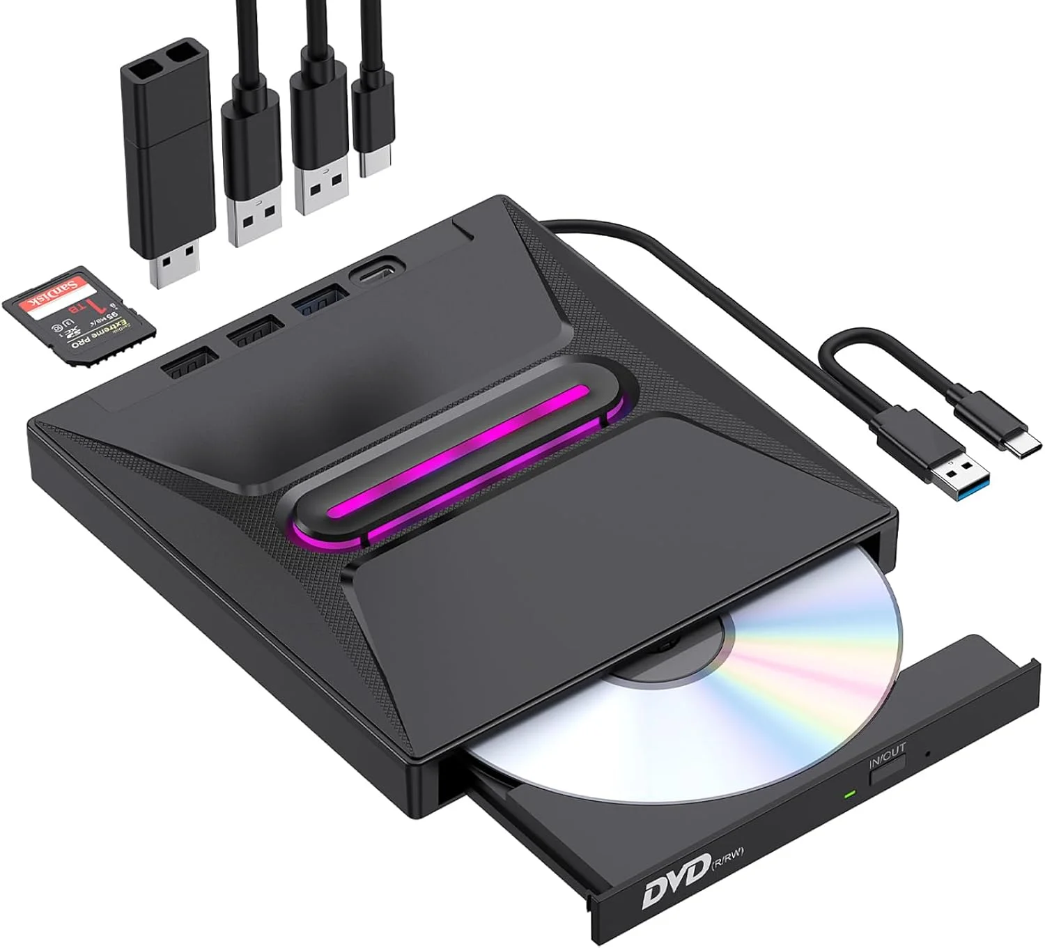 درایو نوری اکسترنال CD/DVD برای لپ تاپ و کامپیوتر، رایتر DVD/CD، اتصال آسان، USB 3.0 و Type-C با سرعت بالا، پخش کننده DVD قابل حمل برای لپ تاپ مک بوک پرو/ایر، ویندوز 11/10/8/7، لینوکس