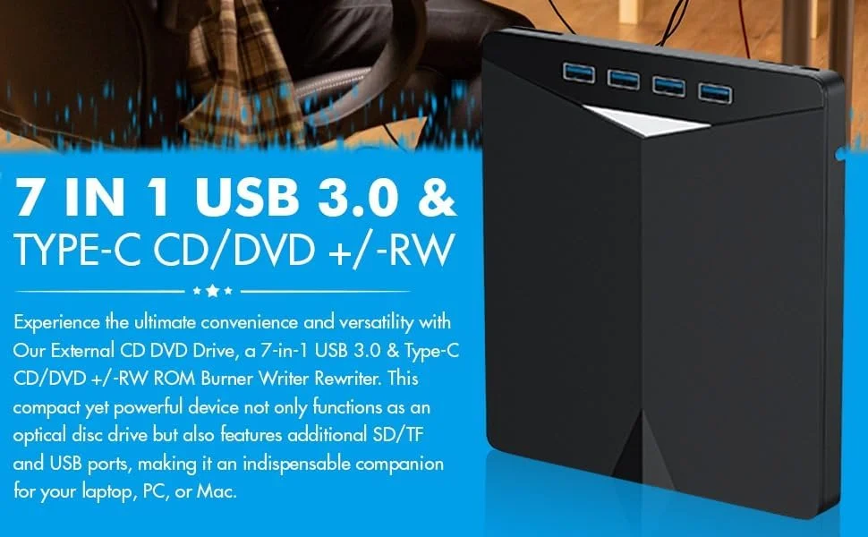 درایو DVD اکسترنال 7 در 1، درایو CD/DVD اکسترنال برای لپ تاپ USB 3.0 و Type-C، درایو دیسک CD/DVD +/-RW قابل حمل، رایتر CD/DVD درایو اکسترنال CD ROM برای لپ تاپ دسکتاپ PC ویندوز 7/8/10/XP مک لینوکس