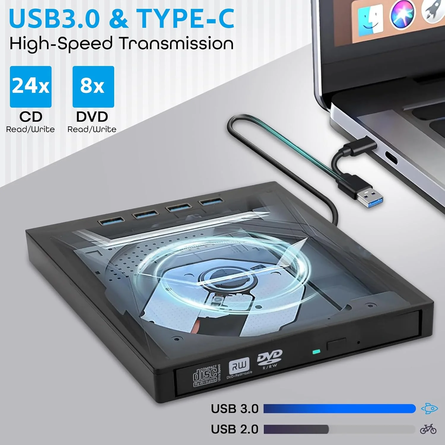 درایو DVD اکسترنال 7 در 1، درایو CD/DVD اکسترنال برای لپ تاپ USB 3.0 و Type-C، درایو دیسک CD/DVD +/-RW قابل حمل، رایتر CD/DVD درایو اکسترنال CD ROM برای لپ تاپ دسکتاپ PC ویندوز 7/8/10/XP مک لینوکس