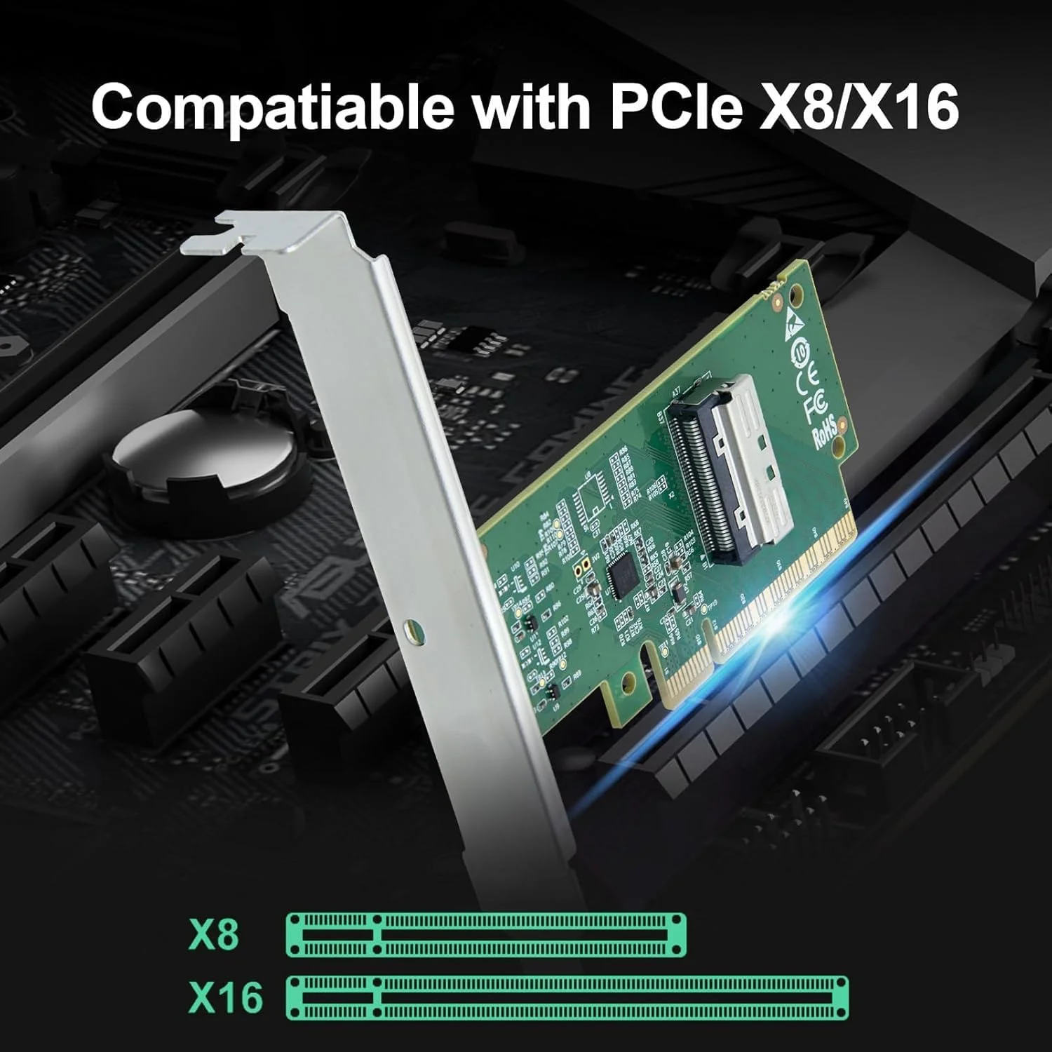 H!Fiber آداپتور 1 پورت MCIO (74 پین) 8i به PCIe X8، نسل 5 PCIe 5.0