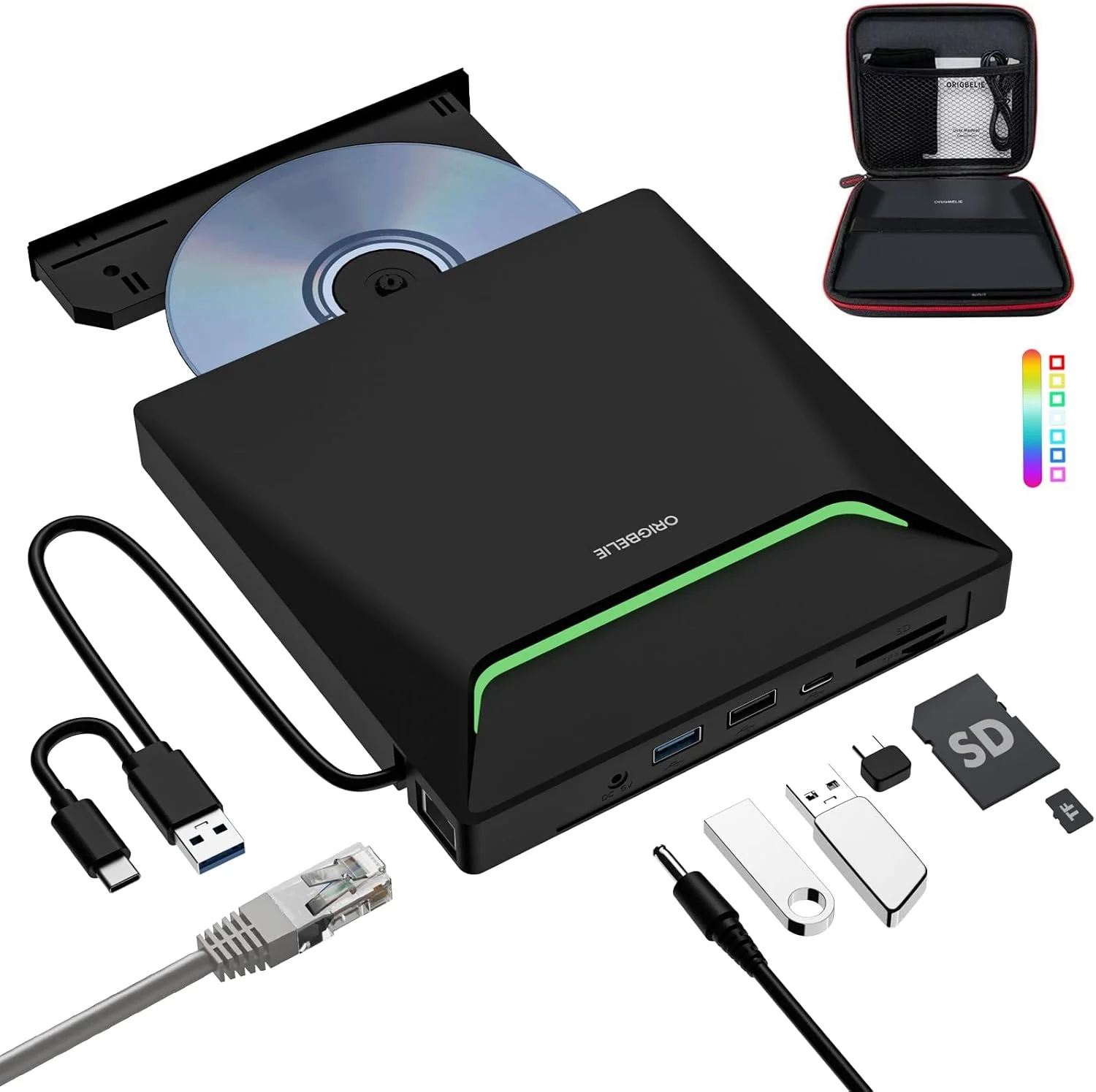 جدیدترین درایو اکسترنال CD DVD، دی وی دی رایتر USB 3.0 خنک با آداپتور اترنت، 3 پورت USB و 2 پورت کارت TF/SD، درایو نوری خواننده/نویسنده CD DVD برای لپ تاپ PC ویندوز مک با کیف حمل