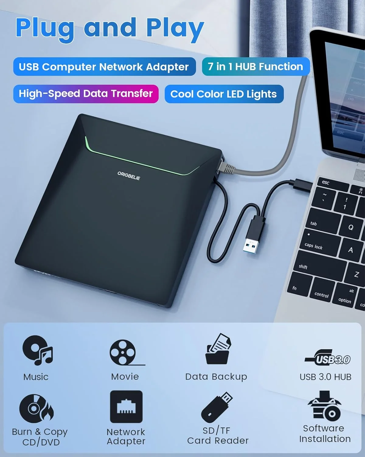 جدیدترین درایو اکسترنال CD DVD، دی وی دی رایتر USB 3.0 خنک با آداپتور اترنت، 3 پورت USB و 2 پورت کارت TF/SD، درایو نوری خواننده/نویسنده CD DVD برای لپ تاپ PC ویندوز مک با کیف حمل