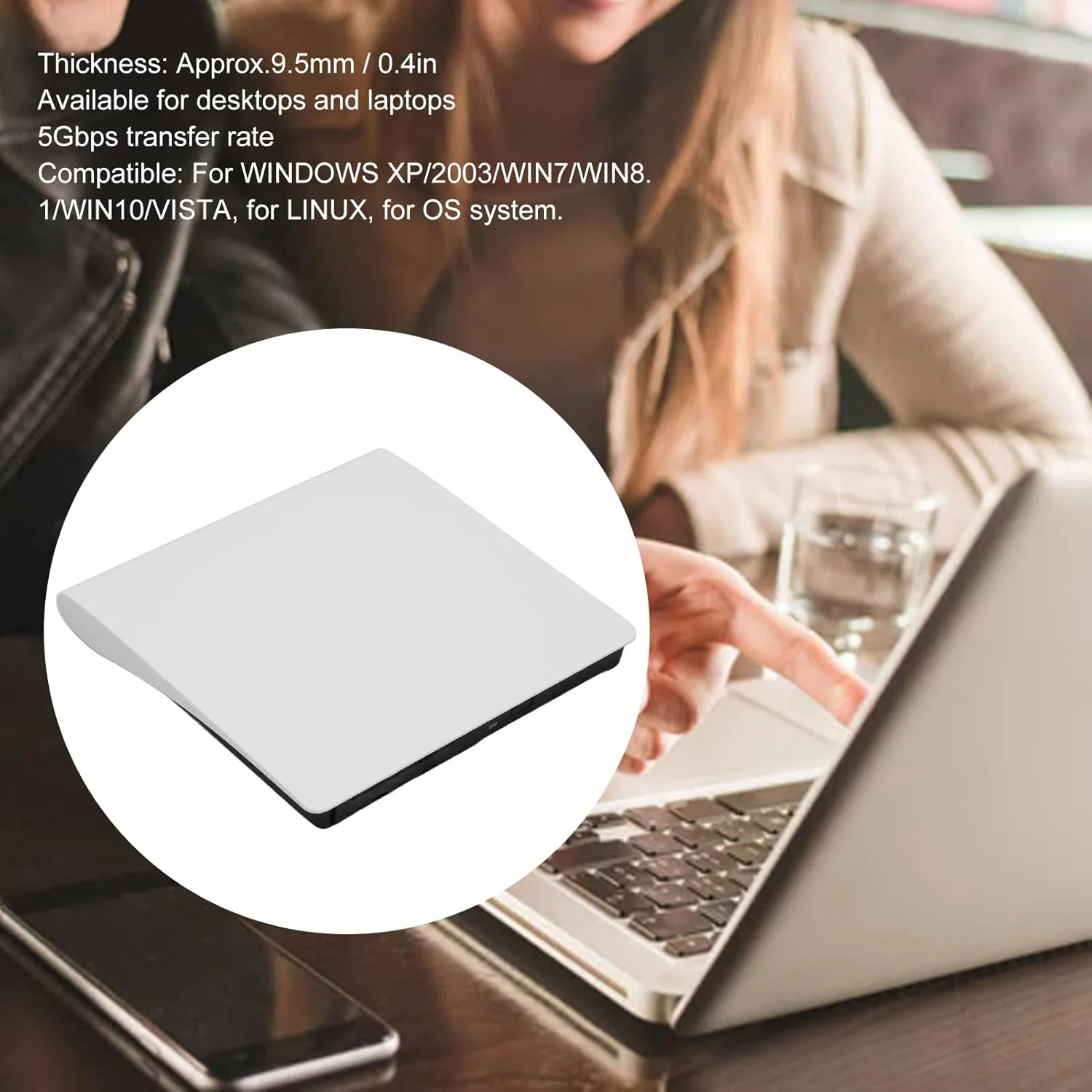 محفظه درایو DVD اکسترنال، محفظه درایو نوری اکسترنال پاپ آپ موبایل برای لپ تاپ و کامپیوتر، محفظه درایو نوری DVD اکسترنال USB3.0 SATA فوق العاده باریک، پلاگین و پخش (سفید)