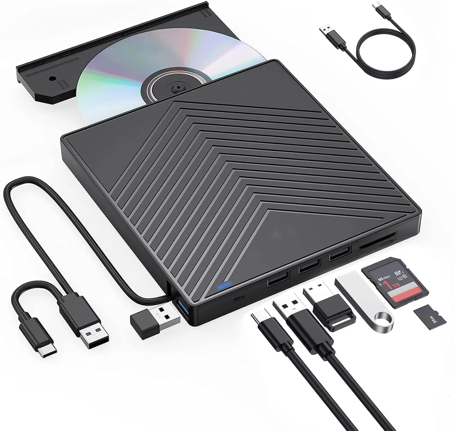 درایو نوری اکسترنال CD DVD، فوق العاده باریک، USB 3.0 با 4 پورت USB و 2 اسلات کارت TF/SD، درایو دیسک نوری برای لپ تاپ و مک درایو نوری اکسترنال CD DVD، فوق العاده باریک، USB 3.0 با 4 پورت USB و 2 اسلات کارت TF/SD، درایو دیسک نوری برای لپ تاپ و مک
