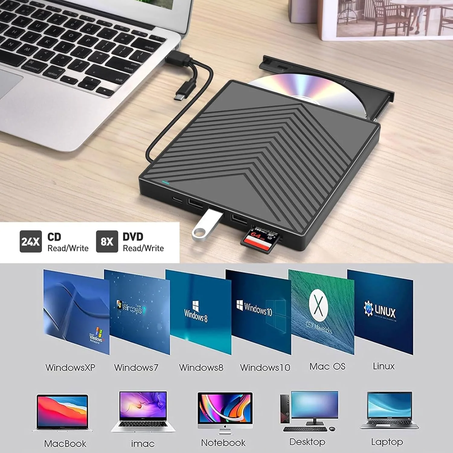 درایو نوری اکسترنال CD DVD، فوق العاده باریک، USB 3.0 با 4 پورت USB و 2 اسلات کارت TF/SD، درایو دیسک نوری برای لپ تاپ و مک