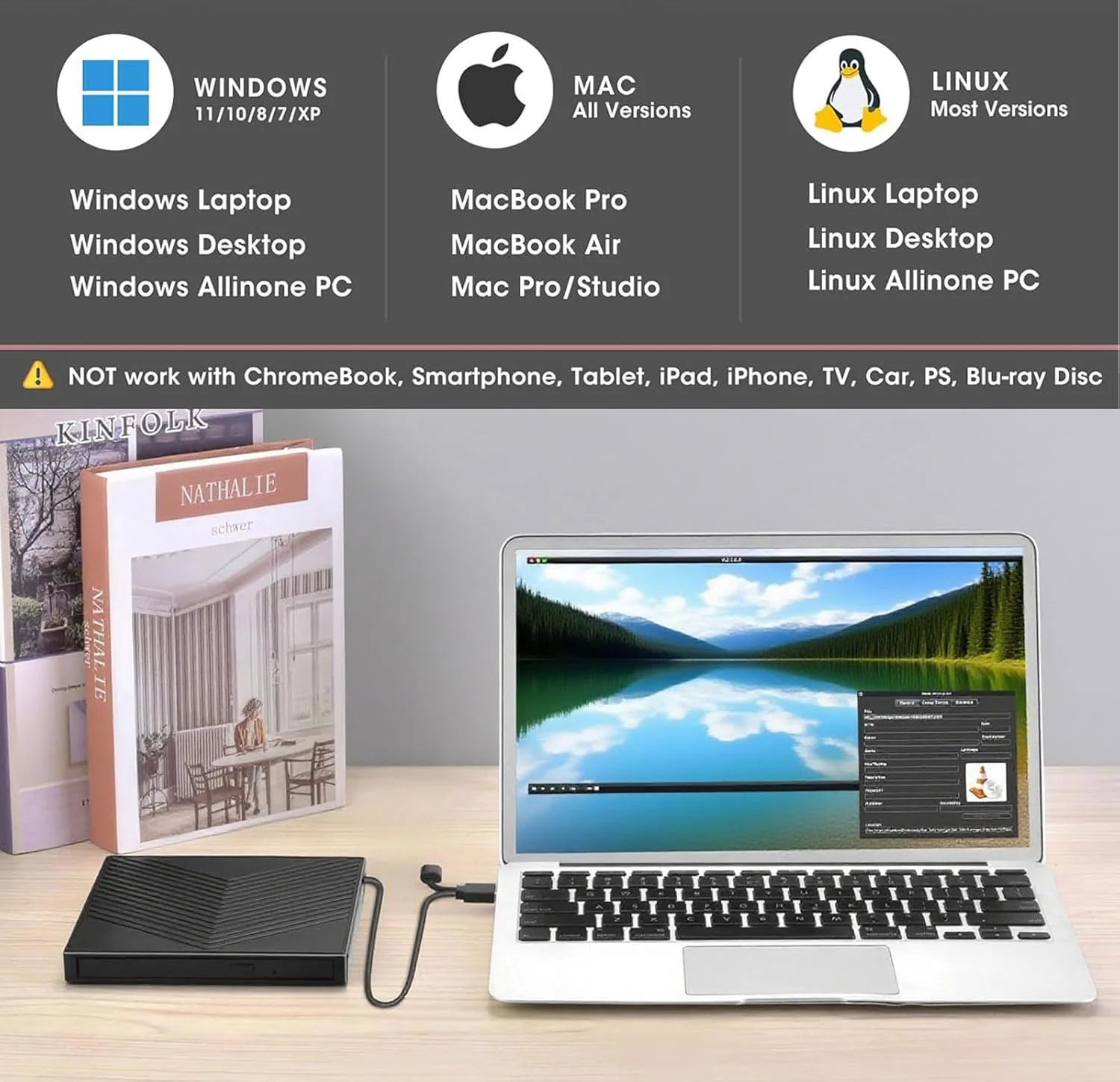 درایو نوری اکسترنال CD DVD، فوق العاده باریک، USB 3.0 با 4 پورت USB و 2 اسلات کارت TF/SD، درایو دیسک نوری برای لپ تاپ و مک